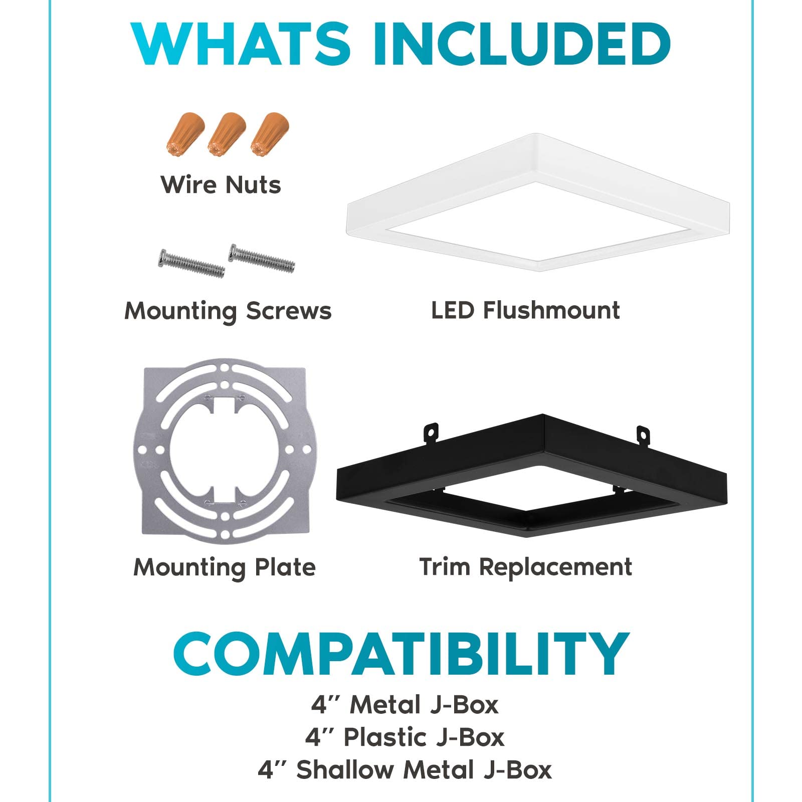 LUXRITE 4 Inch Square LED Flush Mount Ceiling Light, 10W, 3 Color Selectable (3000K/4000K/5000K), Dimmable, Black