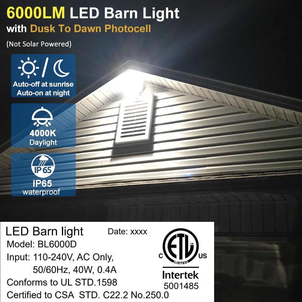 Owleye LED Barn Light 6000LM Dusk to Dawn, 42W 4000K, Waterproof, Gray, Model BL6000D, 1 Pack