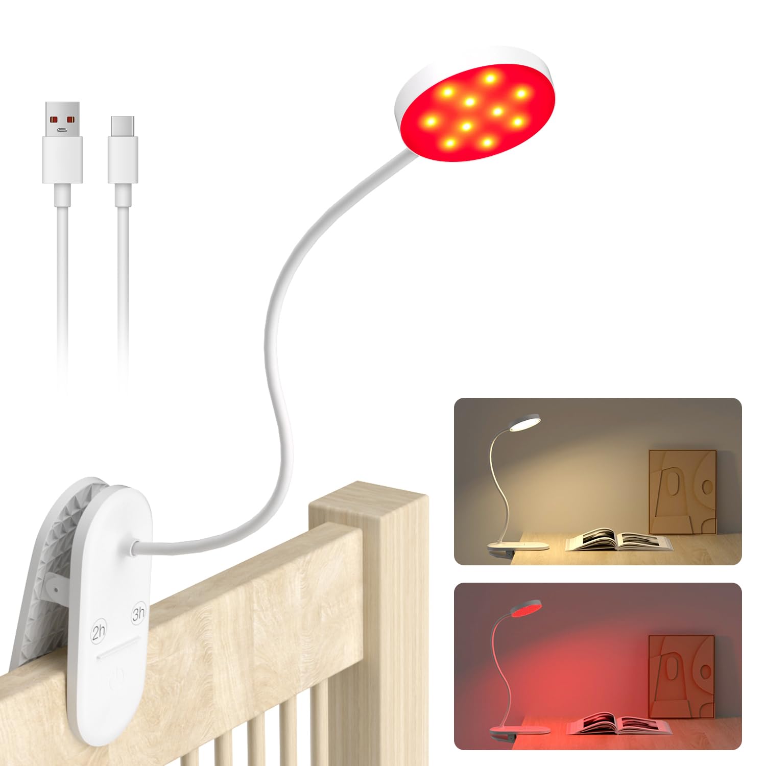 Haigvel 2 Color Red Book Light, 630Nm Clip-On Red Night Light For Sleep & Reading, Rechargeable Desk Lamp With Adjustable Bright