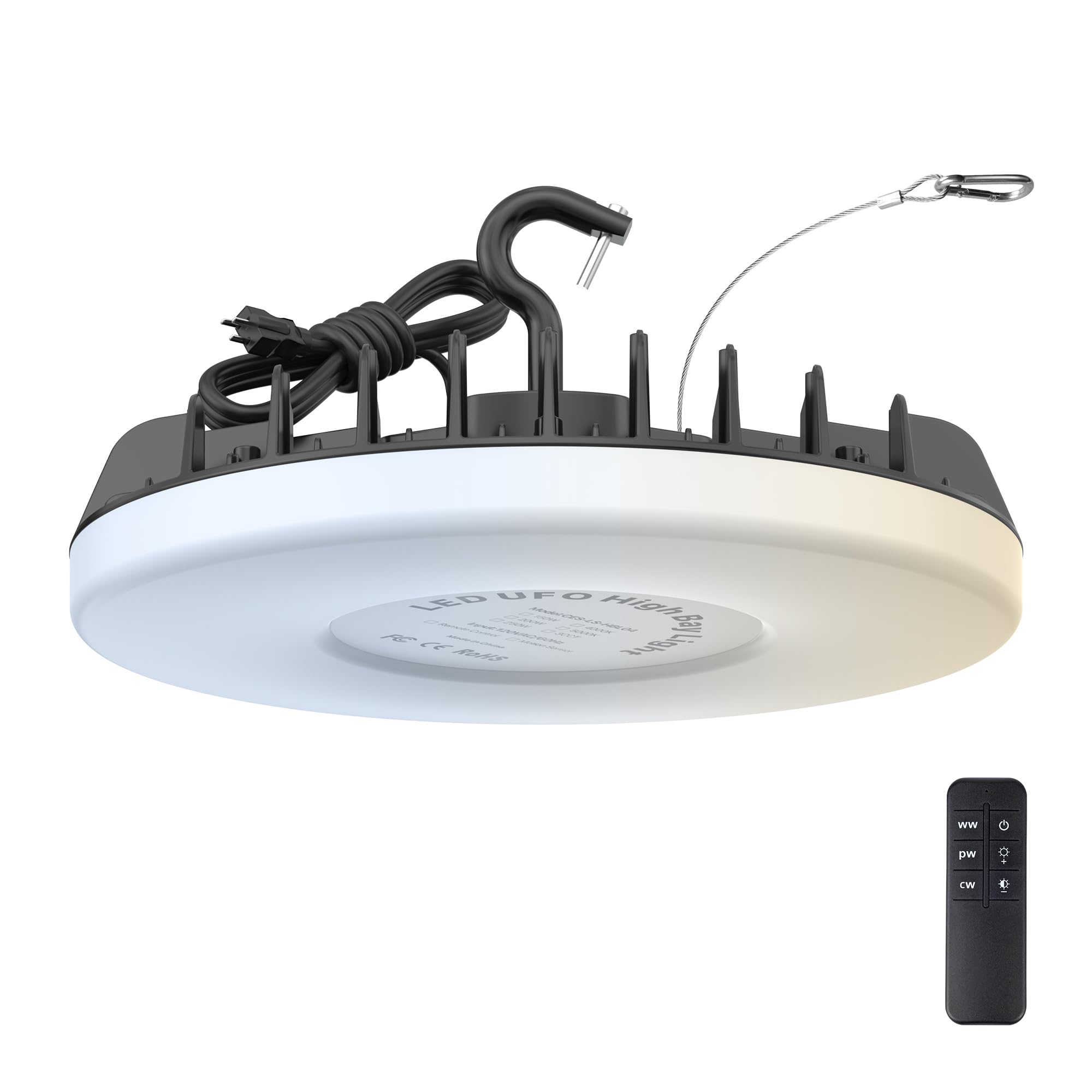 DEMILARE LED Shop Lights 150W, 18000LM, UFO High Bay Light, 3 CCT Adjustable, Dimmable, IP65 Waterproof, Black, Model HBL04