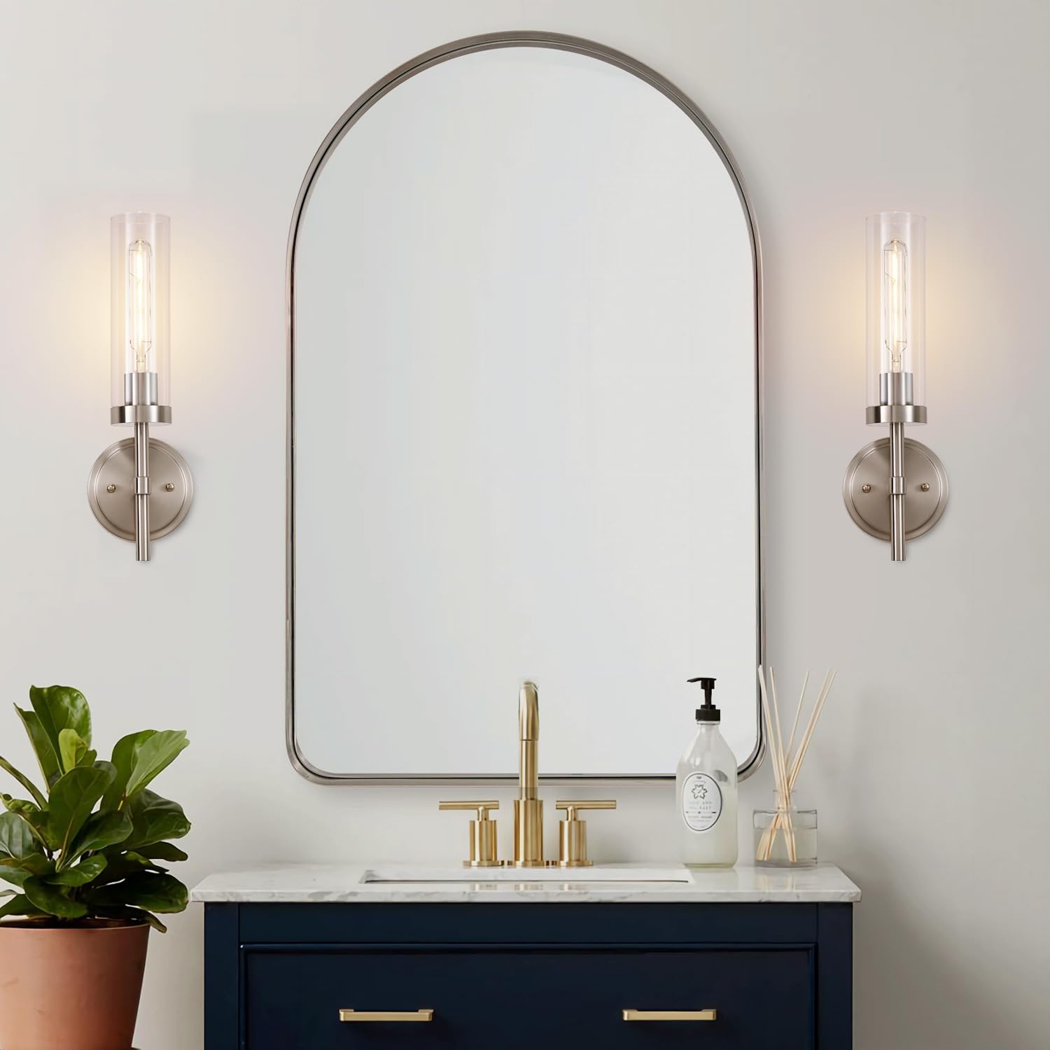 Santostock Brushed Nickel Hardwired Wall Sconces Set Of 2, Modern Bathroom Sconces Vanity Light Fixture, Farmhouse Wall Mount La