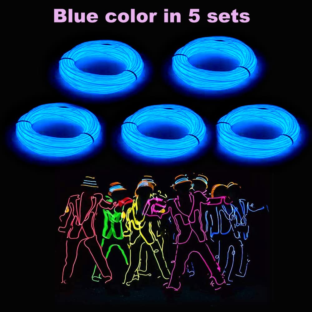 MaxLax EL Wire, Blue Neon Light Wire, 9ft, Plastic, Model CXD Wire-001, Noise Reduction, 5 Pack