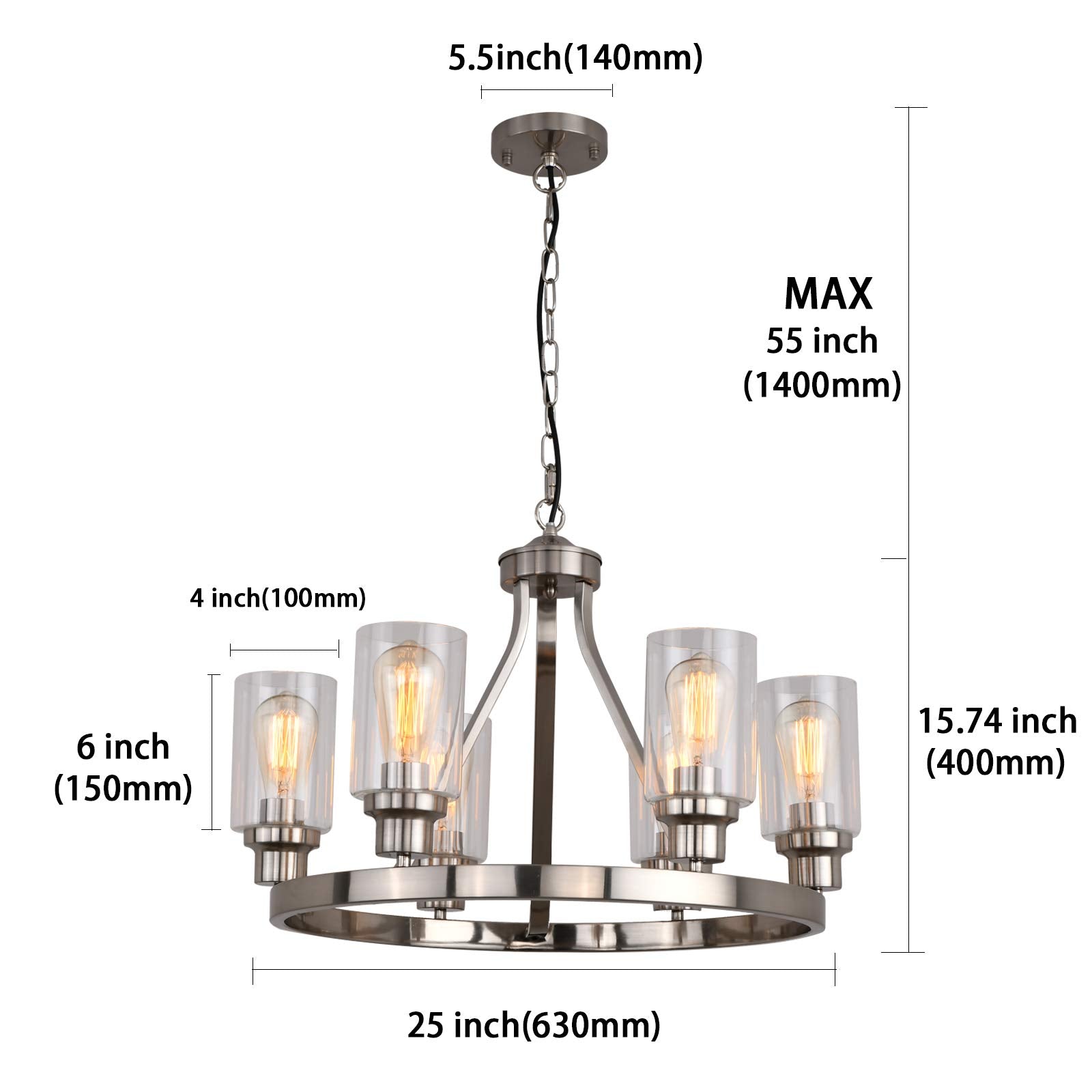 Sivilynus Dining Room Lighting Fixtures Hanging Brushed Nickel Kitchen Modern Chandelier Over Tables 6 Light With Glass Pendant