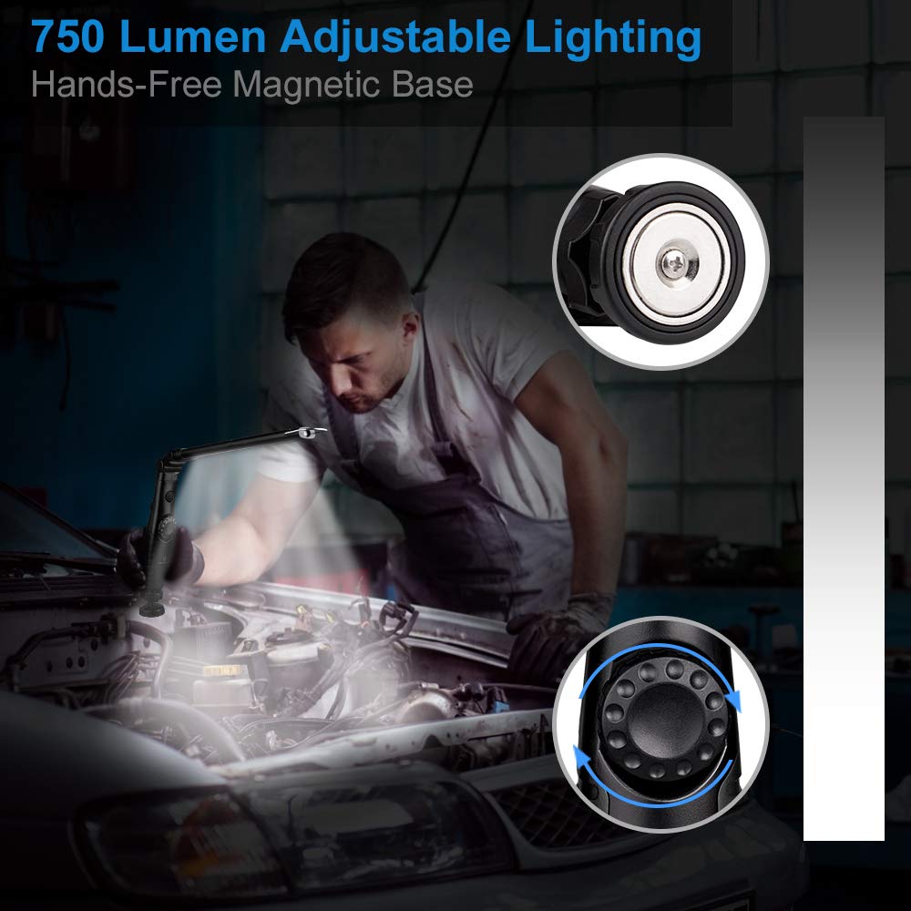 ORHOMELIFE Rechargeable LED Work Light - 750 Lumens, Foldable, Magnetic Base, 360° Rotate, Handheld, Black, Model ORM017-UK