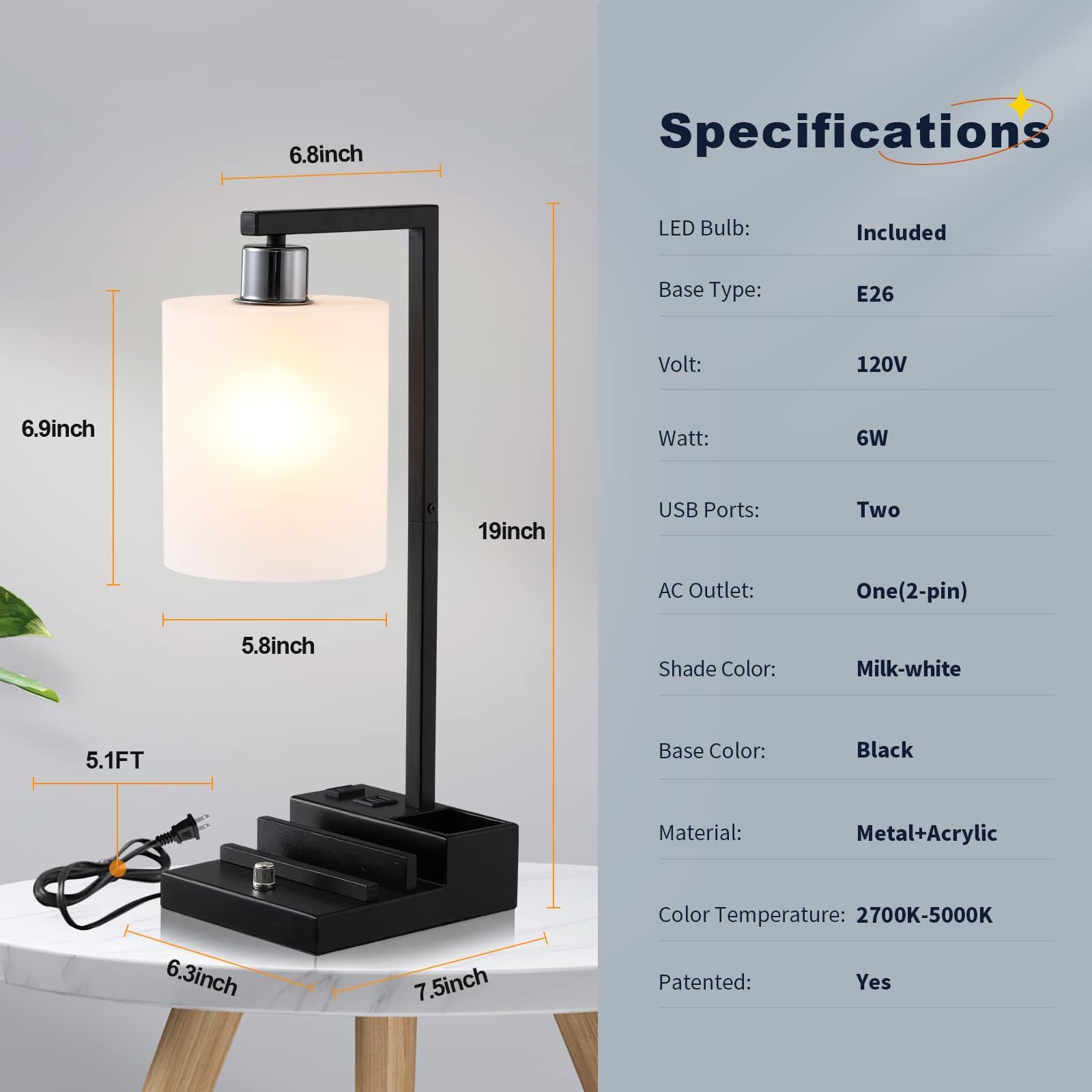 Dimmable Bedside Table Lamp with Dual USB Ports & AC Outlet, Adjustable Brightness & Color Temperature, Phone Holder & Pen Slot