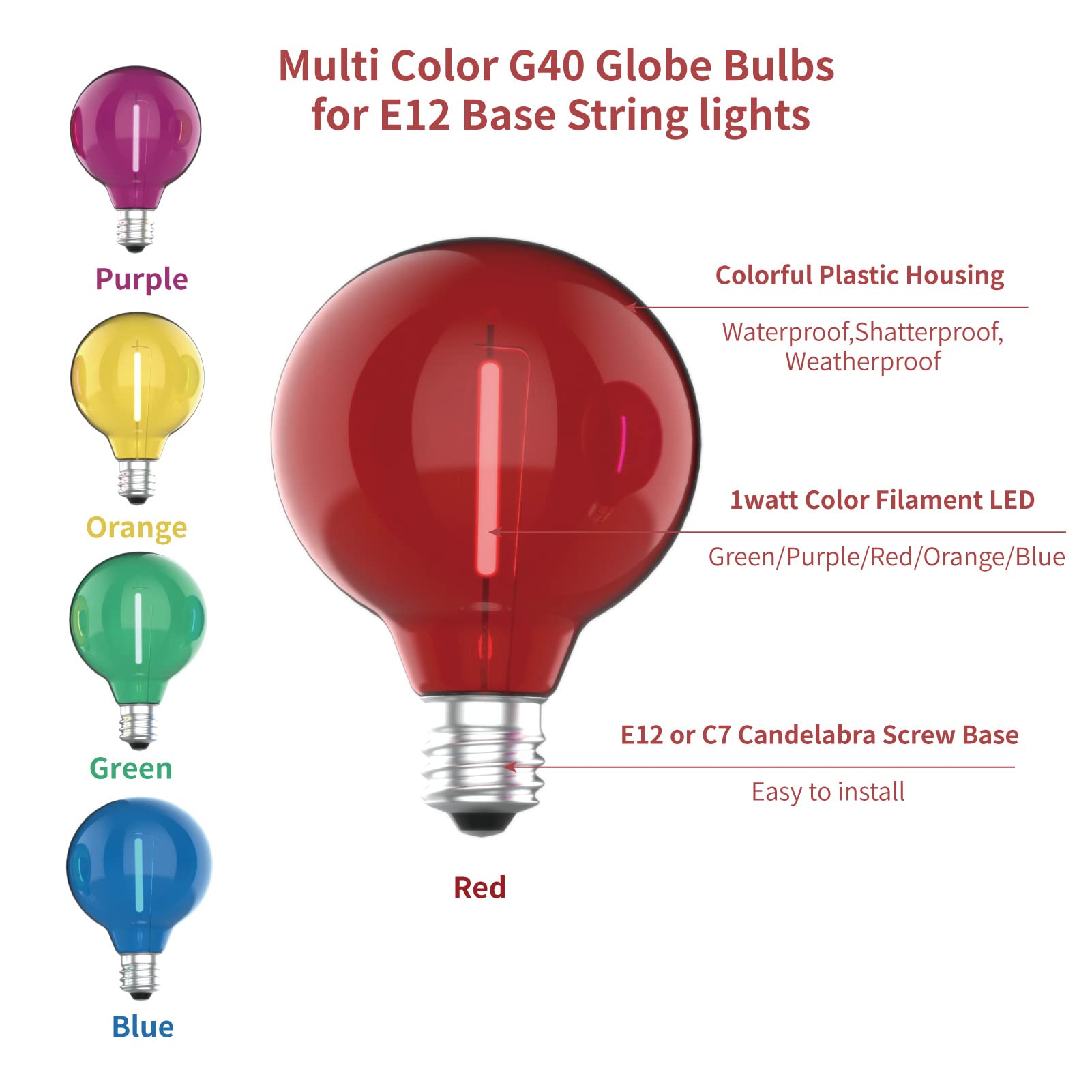 Meconard G40 Colored LED String Light Bulbs, Shatterproof, E12/C7 Base, 25 Count, Multi-Color (Red/Green/Blue/Orange/Purple)