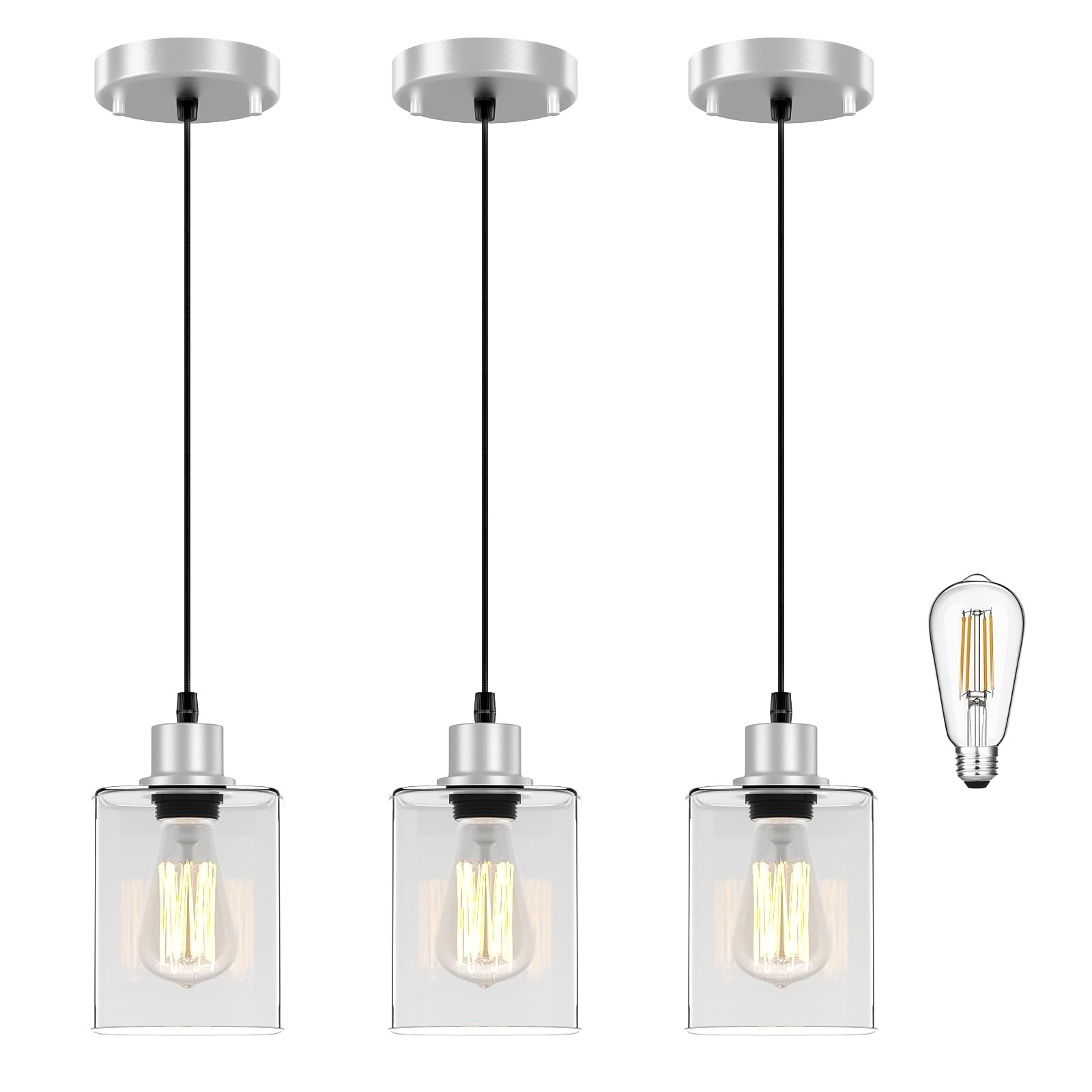 Pendant Light Kitchen Island Lighting 3 Pcs  With Bulb & Clear Glass Shade - 59 Inch Hanging Cord Farmhouse Hanging Lighting Fixture For Dining Room Bedroom Hallway - Brushed Nickel