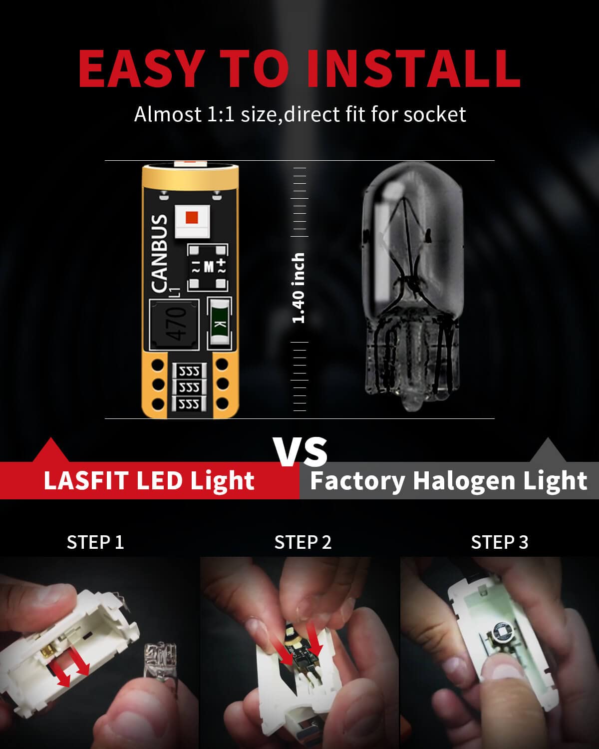 LASFIT LED Bulb T10 W5W Canbus Error Free 400LM Pack of 2 Brilliant Red L-T10R