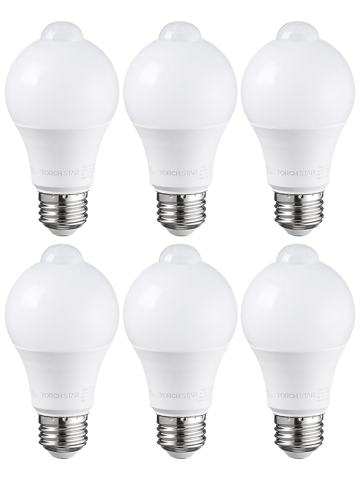 TORCHSTAR LED Motion Sensor Light Bulb, 9W (60W Eqv), E26 Base, 900LM, Pure White 6000K, Pack of 6, Model 