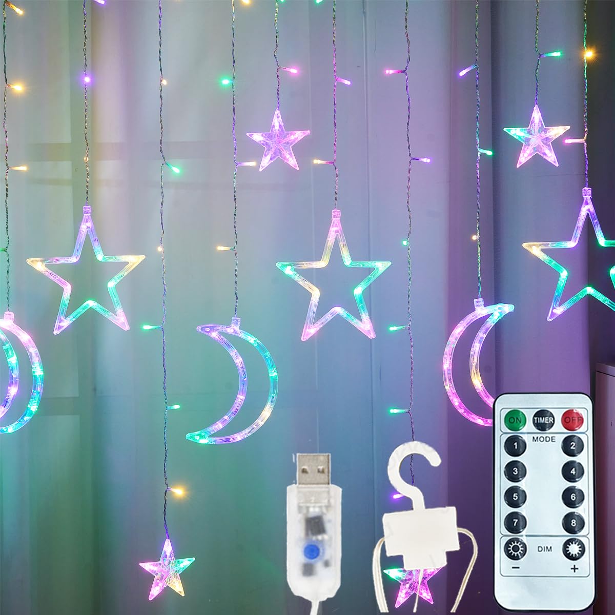ALFEUND 7.5ft Decorative Starry String Curtain Lights Moons and Stars LED Night Light for Home Decoration Party,Remote Control U