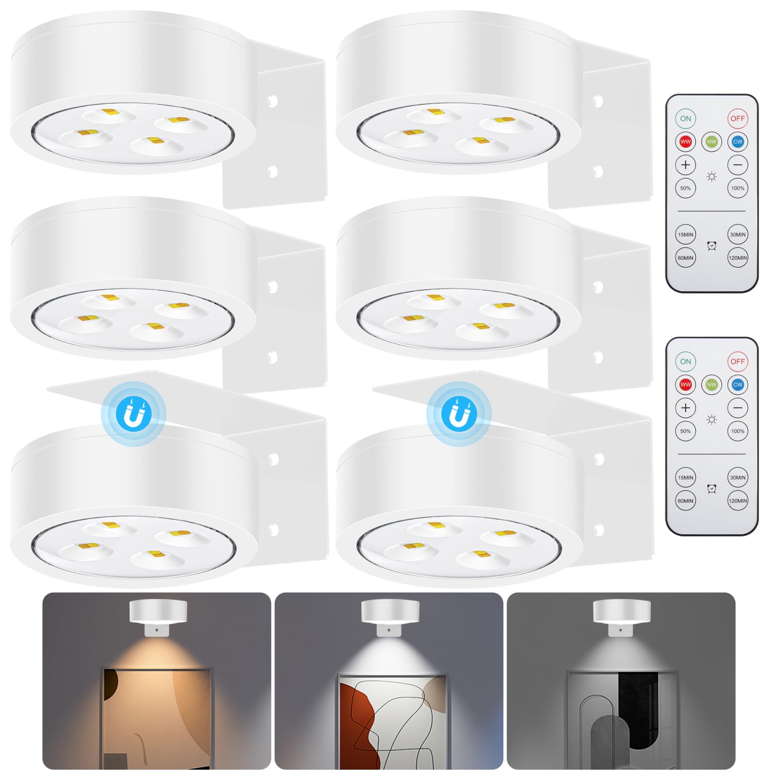 SIXDEFLY Picture Lights - Battery Operated LED Art Display Light, 3 Modes, Remote Control, 6 Pack, White