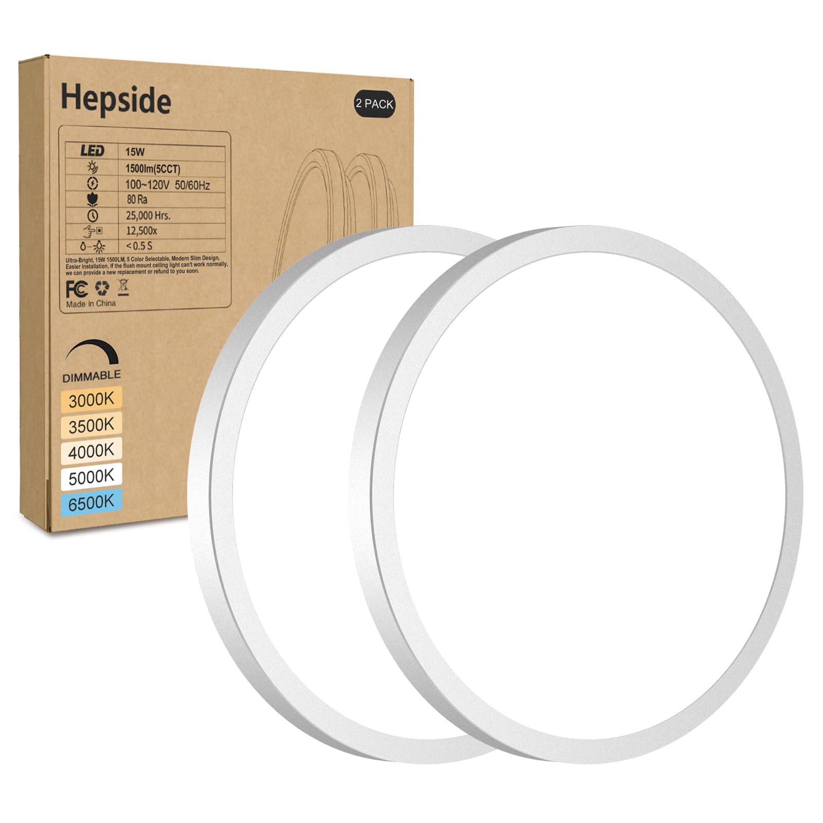 Hepside 2Pack LED Ceiling Light Fixture, Dimmable 15W, 7Inch, Adjustable 3000K-6500K, Round, White