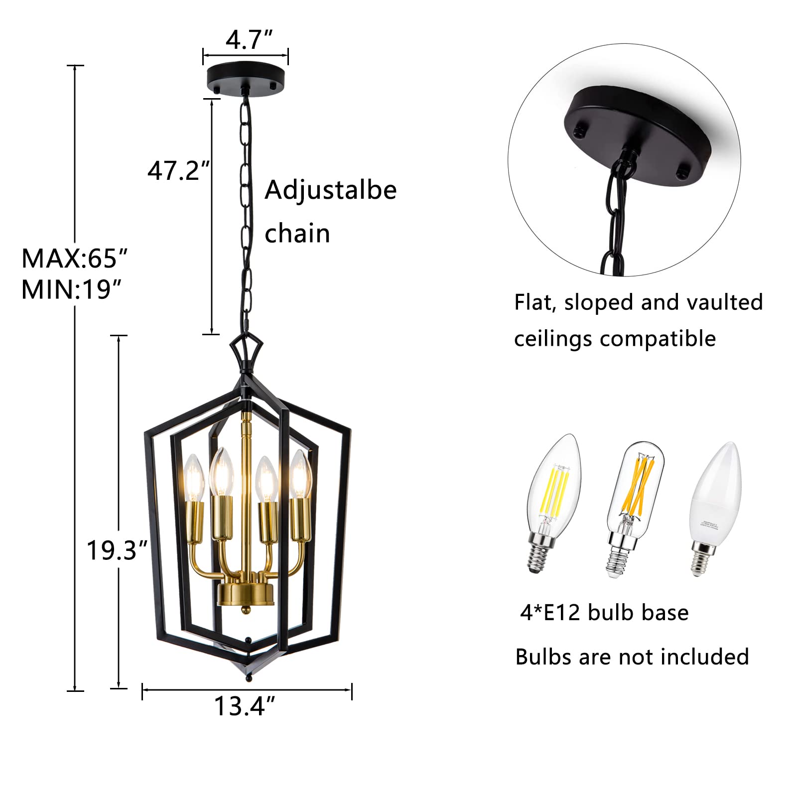 Lanhall 4-Light Metal Chandelier Pendant Light Fixture, Black + Brushed Brass, Modern Design for Dining Room, Kitchen Island, Model 500-100-1037