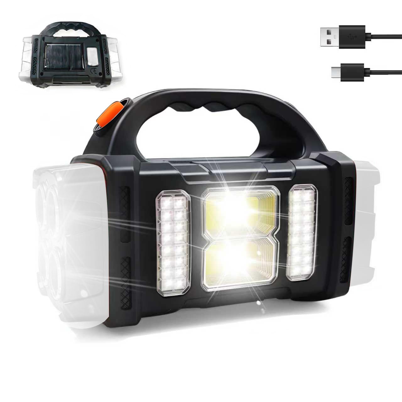GEEBONFLUGENS Solar Handheld Flashlight, 4 Lighting Modes Rechargeable LED Work Light, USB-C & Solar Powered Portable Lantern,Em