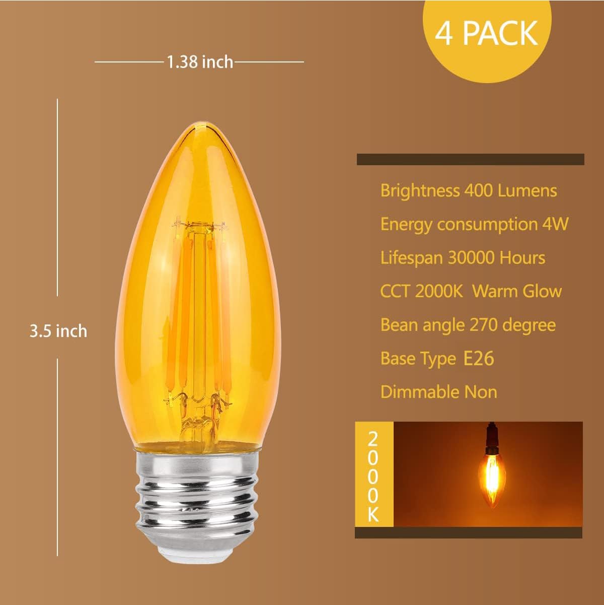 KINUR E26 B11 Amber LED Edison Light Bulbs, 4W Equivalent, 2000K Warm Light, Glass, 4 Pack