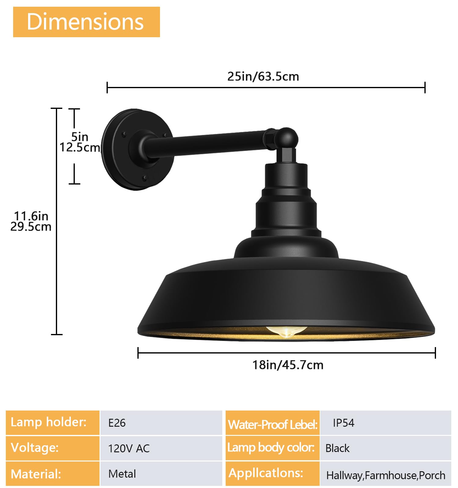 Franing 18" Gooseneck Barn Light - Black Metal Outdoor Fixture, Rust-Resistant, Model 8083, Ideal for Farmhouse Garage and Patio
