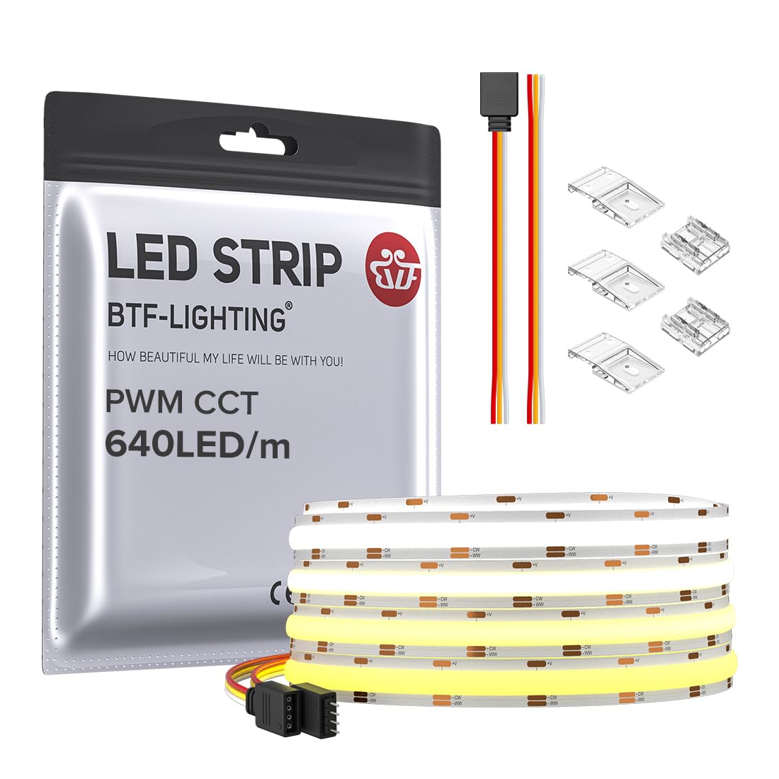 BTF-LIGHTING FCOB COB LED Strip CCT Flexible High Density 9.8FT 640LED/m Tunable 3000K-6000K CRI 90+ Dimmable Light Ribbon for B