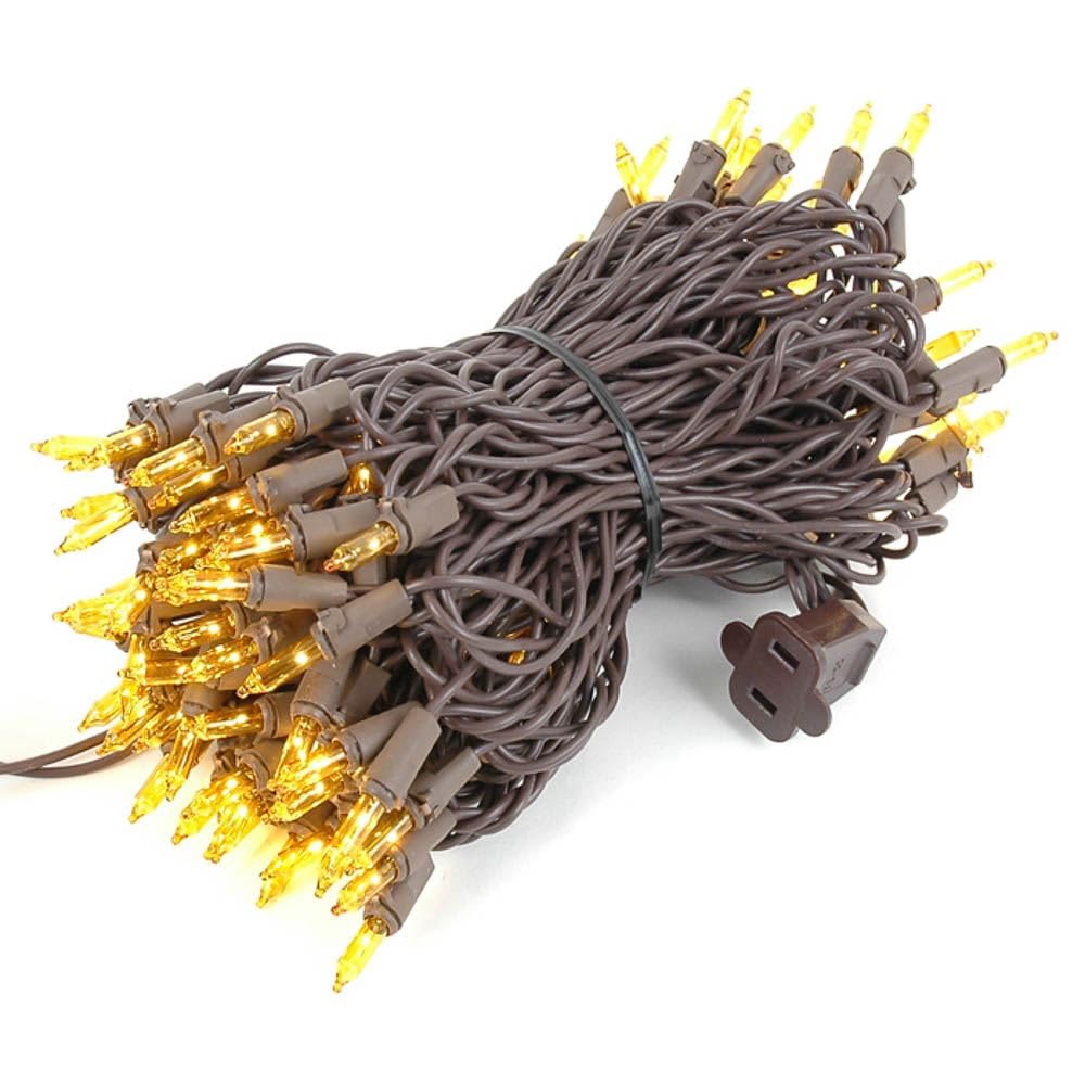 Novelty Lights 50 Feet 100 Bulbs Traditional Incandescent Mini Lights, Yellow On Brown Wire With 6 Spacing, Commercial Grade And