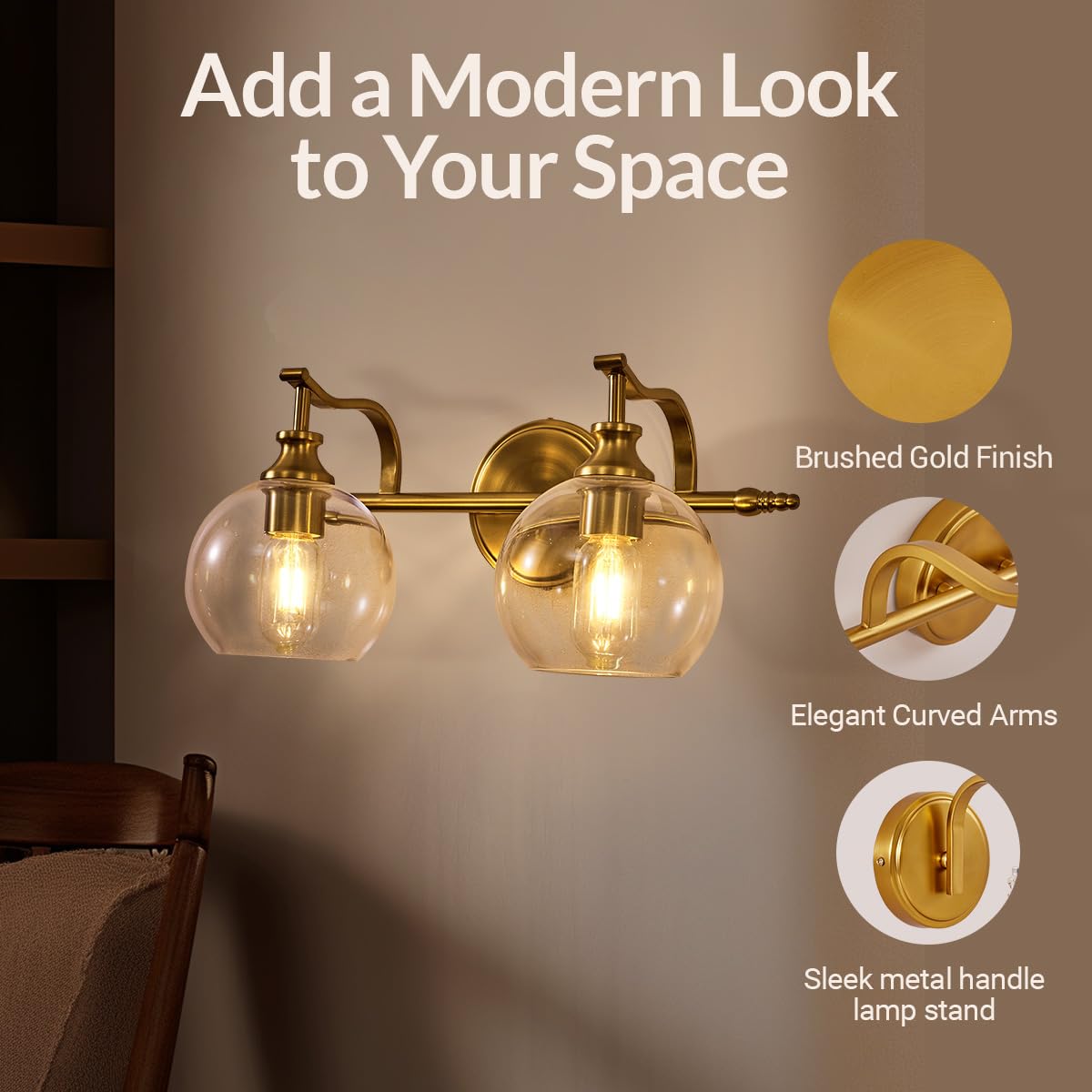 ANDY STAR 2-Light Brass Vanity Light Fixtures, Gold Metal Sconces with Globe Clear Lampshade, Farmhouse Bathroom Lighting, Model Parent-M10-SCONCE-3C