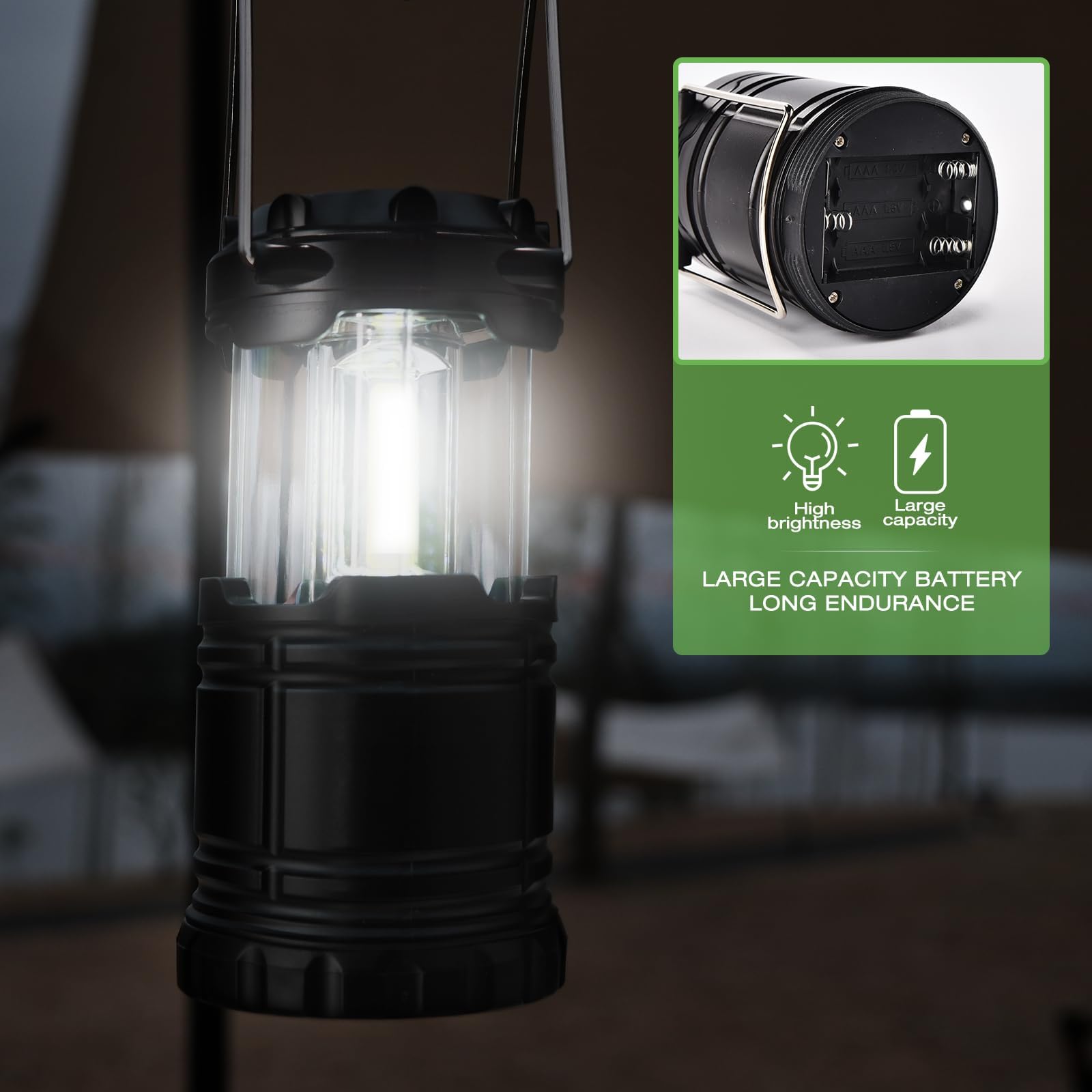 KPKJOO Collapsible Camping Lantern, Super Bright LED, Battery Operated, Black, Model 5800