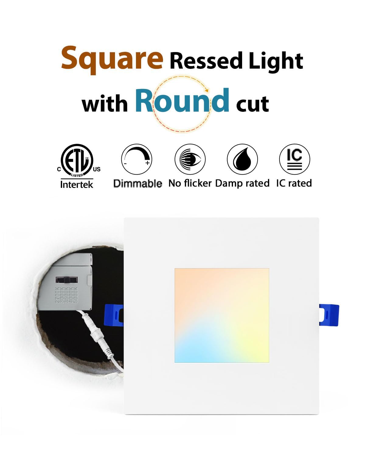 Adetu 4 Inch Square Led Recessed Lighting,6 Pack 5Cct Ultra Thin Square Led Ceiling Light With Junction Box,10W 860Lm,Cri90,2700K-5000K Selectable,Dimmable Canless Downlight,Etl And Energy Star