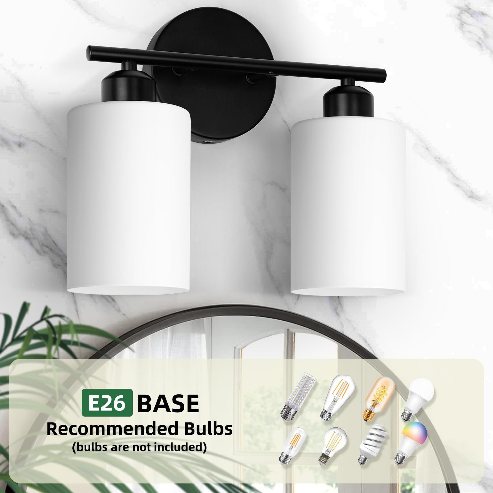 Seable 2-Light Bathroom Light Fixtures, Black Modern Vanity Lights With Milky White Frosted Glass Shades, Wall Sconce Light For