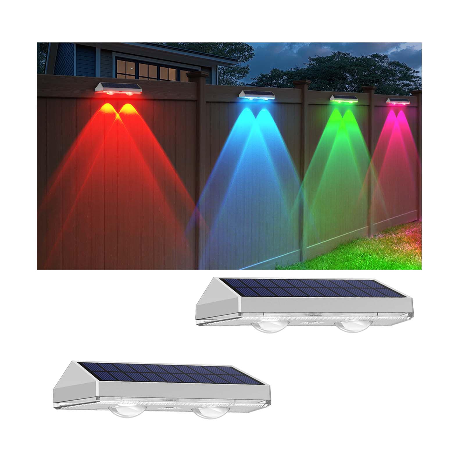 8 Pack Solar Fence Lights Outdoor - Warm White & RGB 6 Color  Dusk to Dawn Deck Light  Solar Powered Light Outdoor IP65 Waterproof  Solar Garden Lights for Outside/Backyard/Railing/Step/Patio/Wall