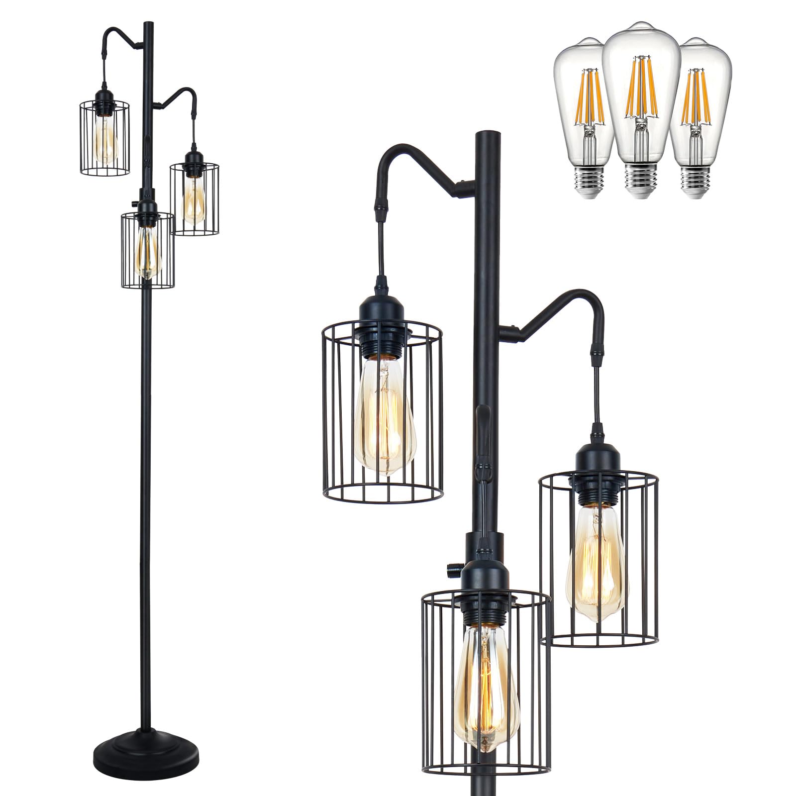 Flarouch Dimmable Floor Lamp, 3 X 800Lm Led Edison Bulbs Included, Standing Lamp, Farmhouse Industrial Vintage Corner Tall Tree Floor Lamps For Living Room Bedroom Office, Black