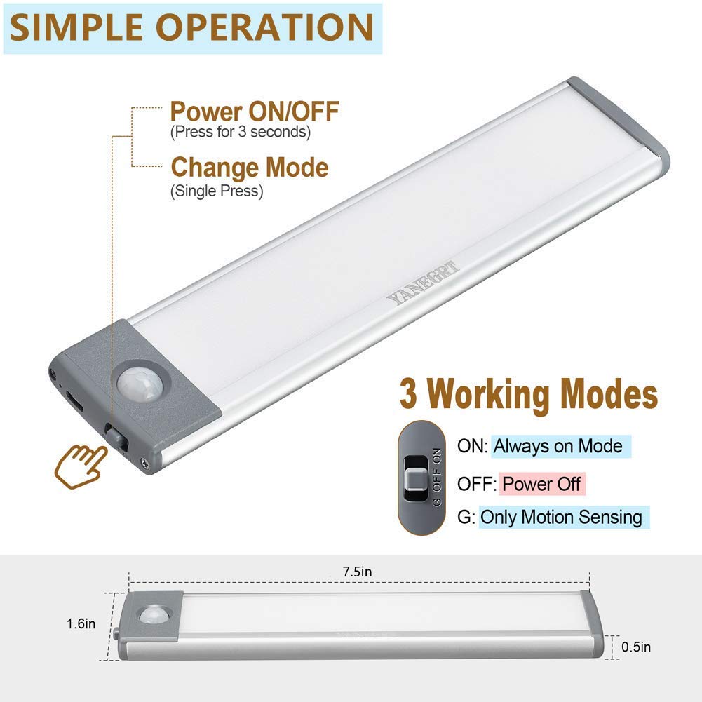 Yanegrt 2 Pack Motion Sensor Cabinet Lights, Rechargeable Under Cabinet Light Wireless, 30 Led Magnetic Self-Adhesive Closet Nig