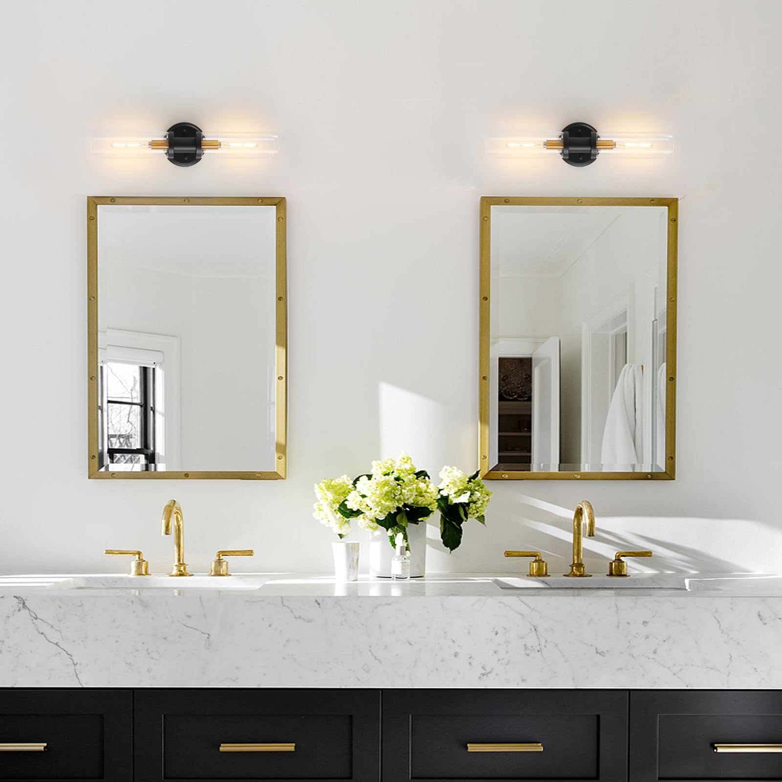 KUZZULL Wall Sconces Set of 2 Black and Brass Gold with Clear Glass Shade, 28in, Indoor Lighting Decor
