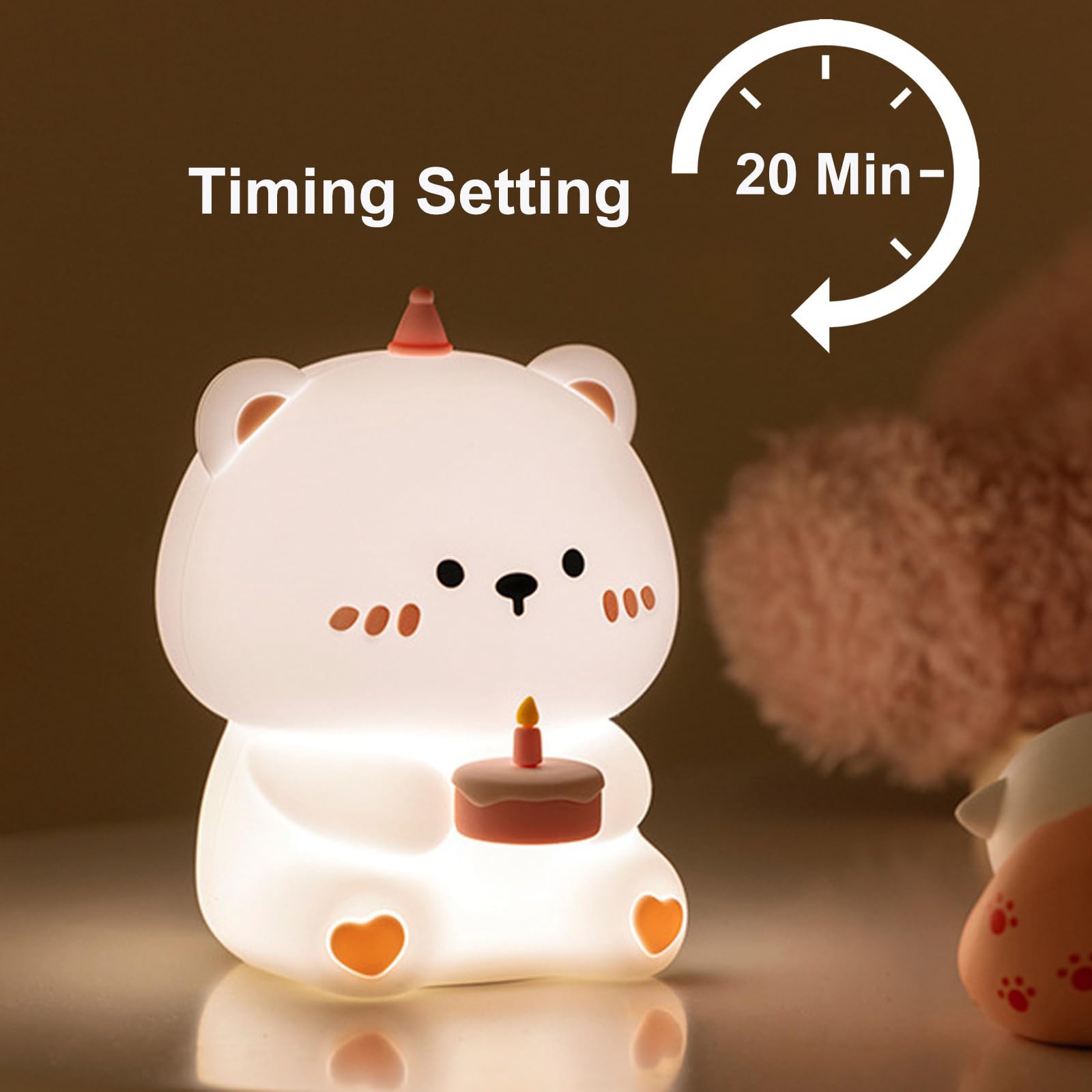 ANGTUO Bear Night Light, Bear Lamp, Cake Night Light for Nursery, Cute Night Light Dimmable and Rechargeable