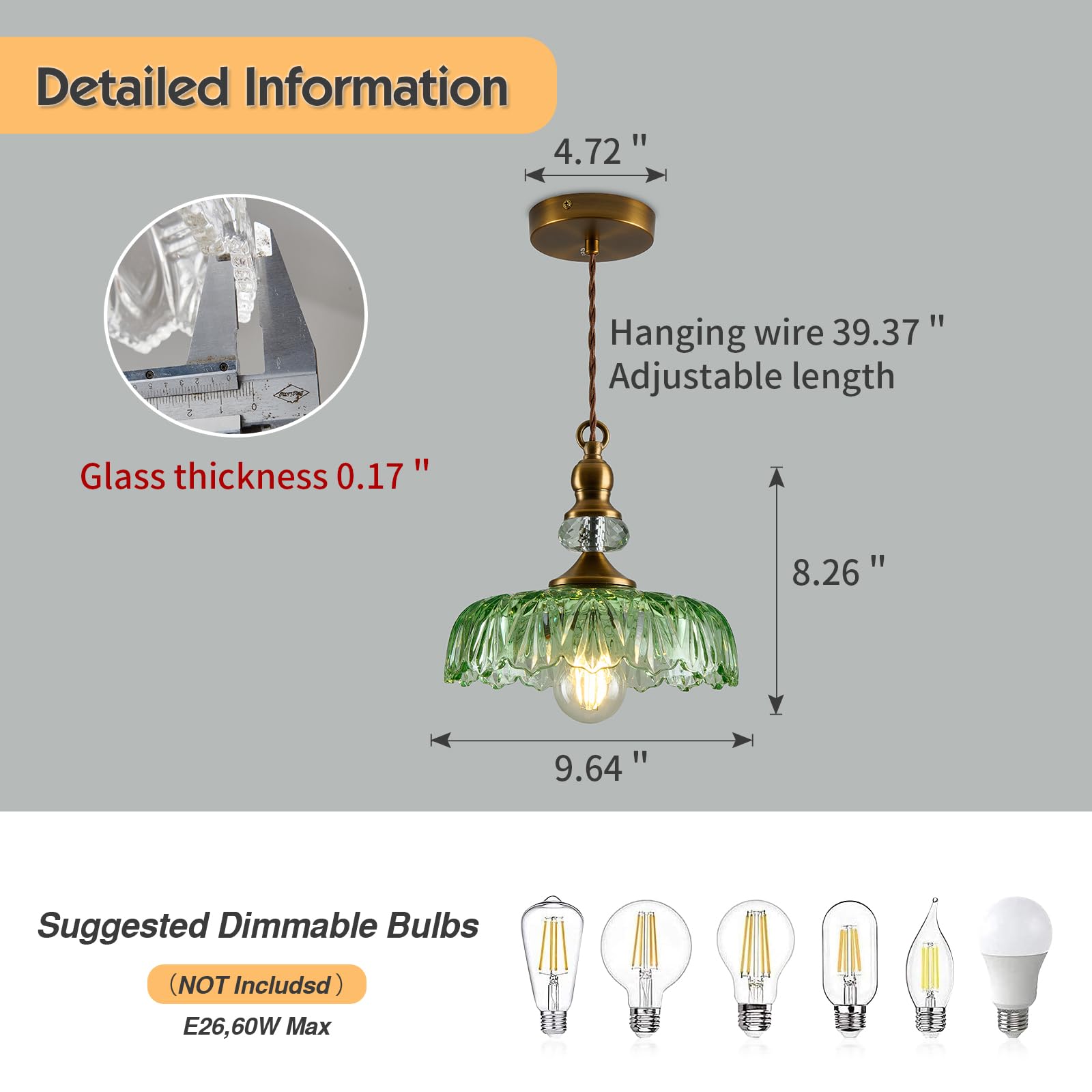 CVKASH Vintage Glass Pendant Light Fixture - Green Adjustable Chandelier for Dining Room, Living Room, Bedroom, Kitchen - Model W-2224
