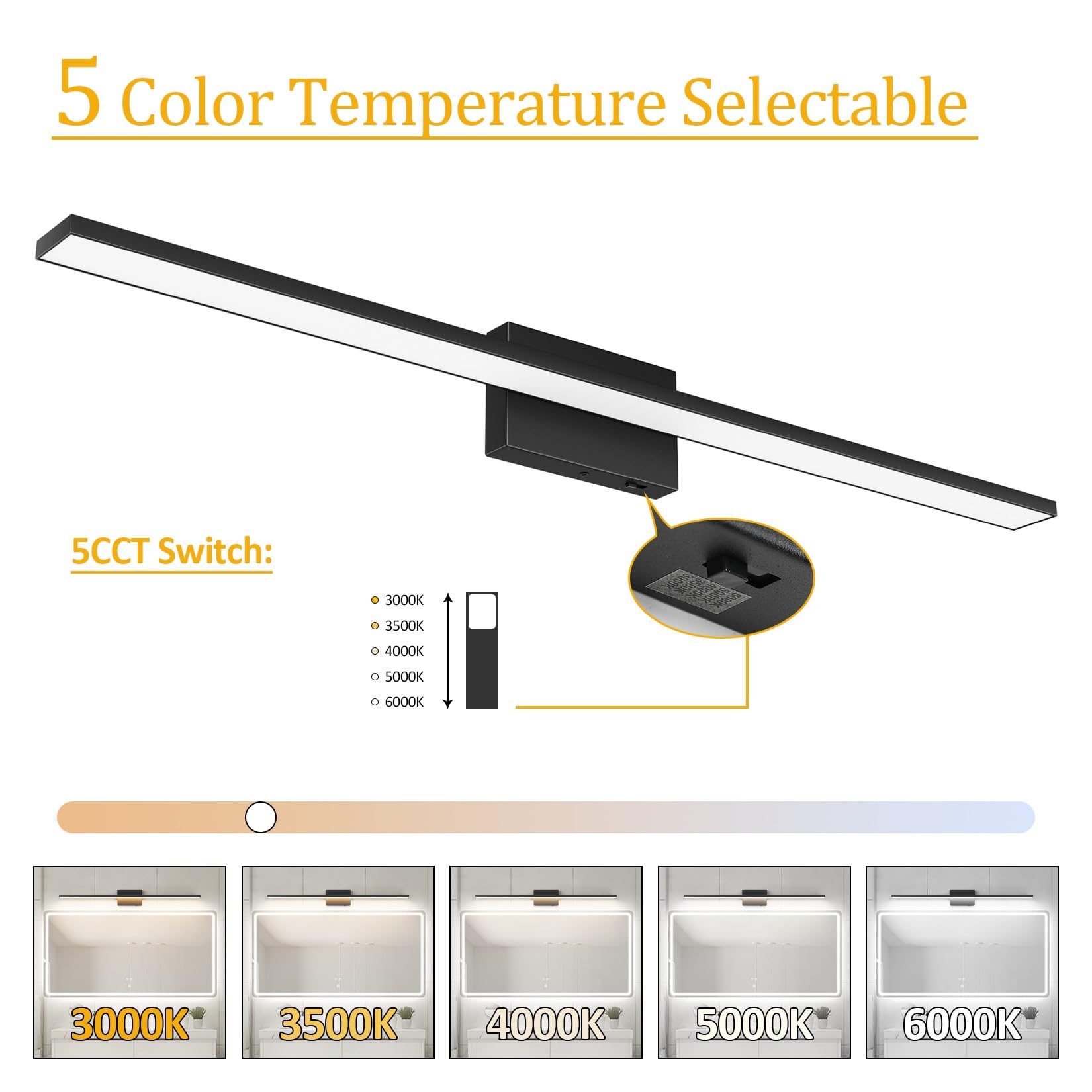 Ralbay Bathroom Vanity Light Bar, 30W Dimmable LED, 40 inch, Black, 5 Color Temperature, Model 6102-Light, Acrylic