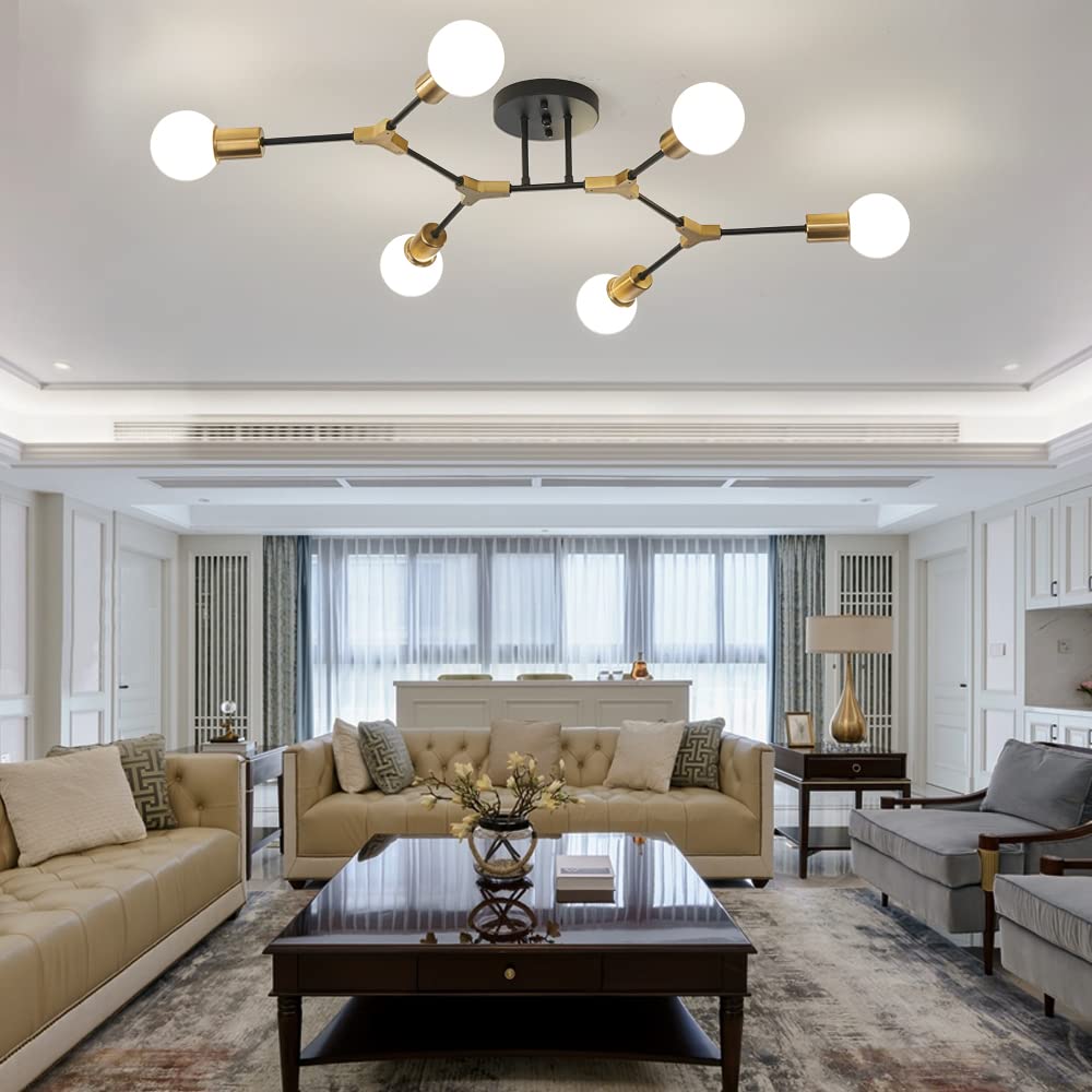 Quoobe Modern Mid Centur 6 Light Semi Flush Mount Ceiling Lighting Fixture For Living Room Bedroom Dining Room Hallway Kitchen Office,Minimalist Gold And Black Sputnik Chandelier