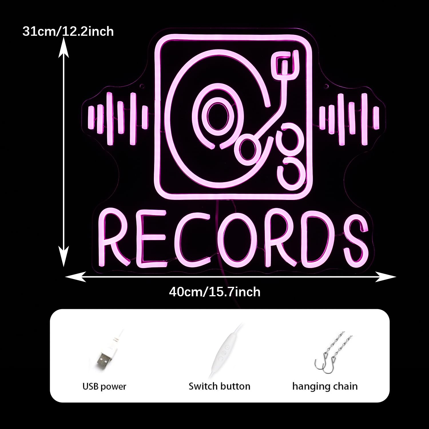 GNVETZLL Records Neon Sign, Pink LED Wall Decor, Dimmable, USB Powered, 15.7inx12.2in, Acrylic, for Music and Party Decor