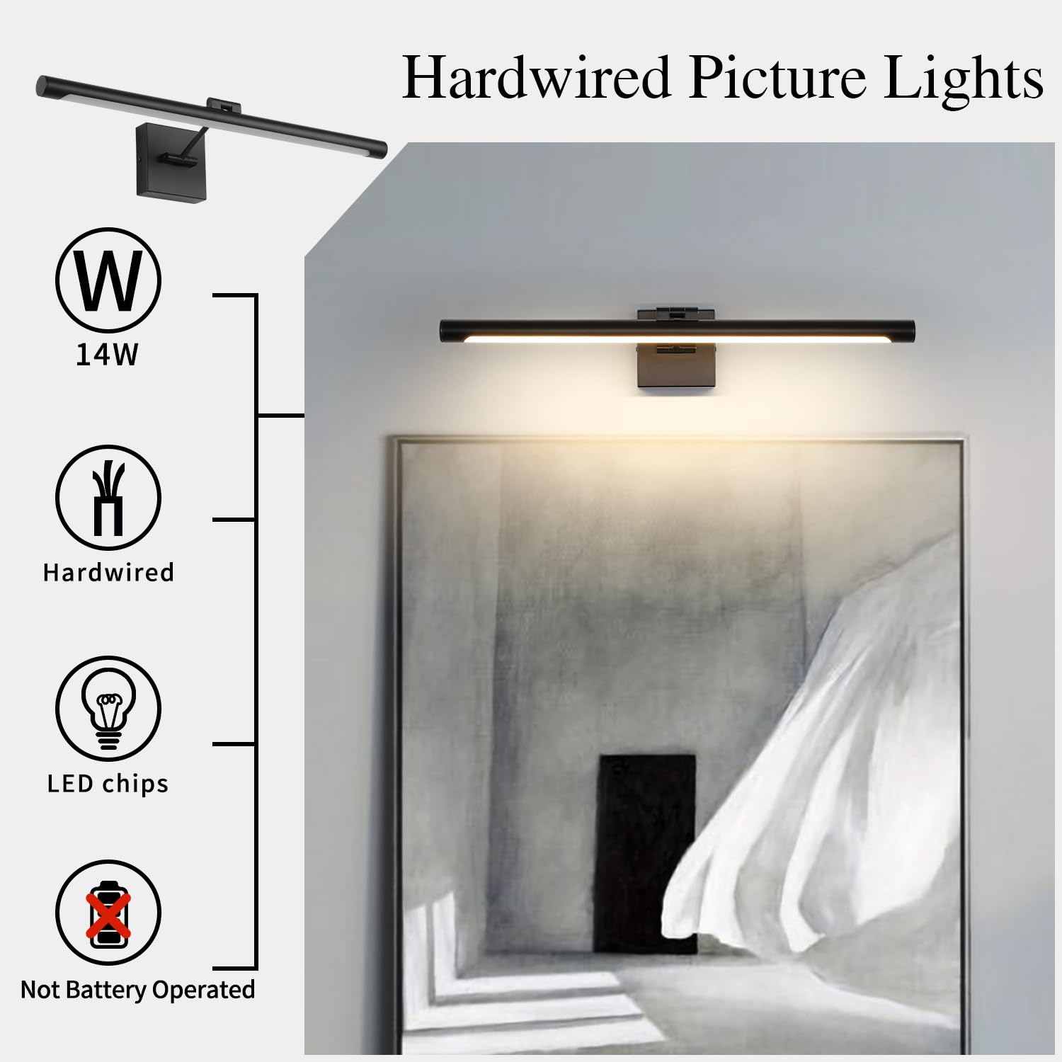 Joosenhouse LED Picture Light 24.4" Black Metal Non-Dimmable Art Display Fixture, Model 7110-BK, 14W (70W Equivalent), Hardwired 3000