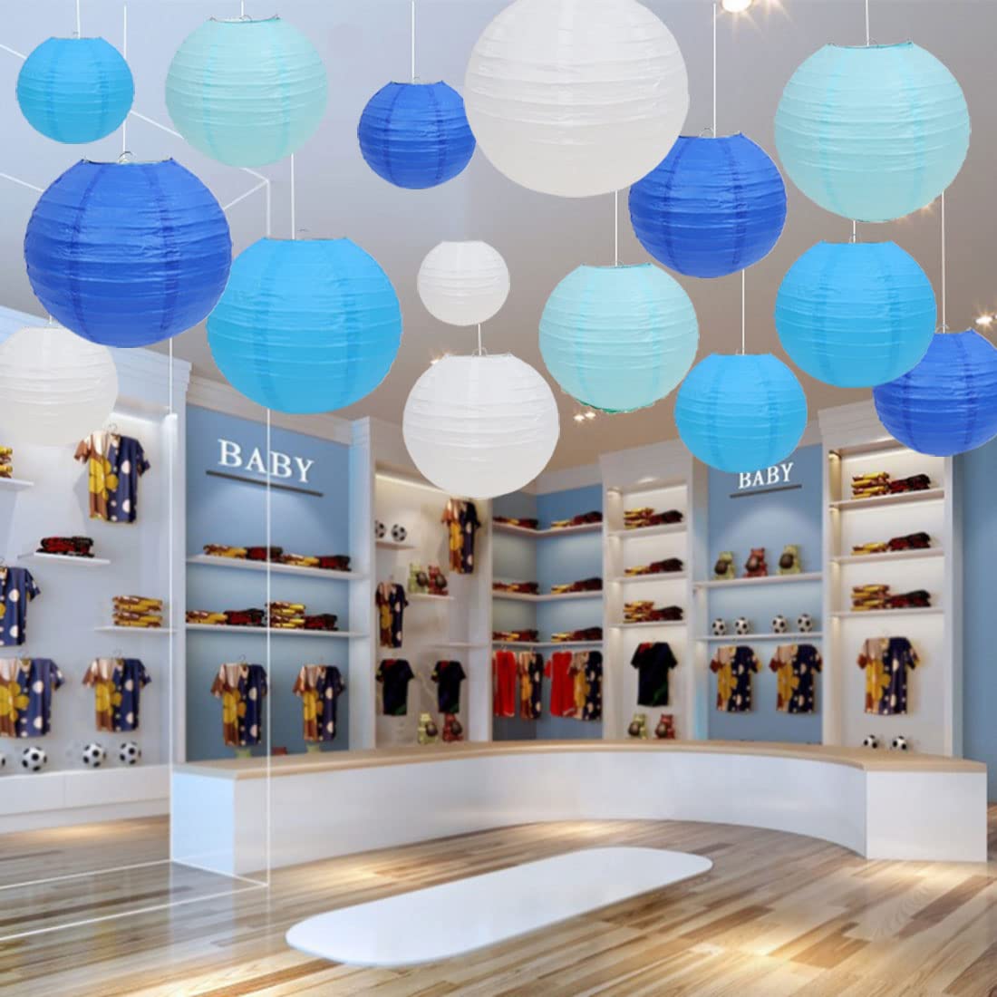 Lurico 16 Pcs Blue/White Paper Lanterns (Size Of 4   , 6   , 8   , 10   ) - Chinese/Japanese Paper Hanging Decorations Ball Lant