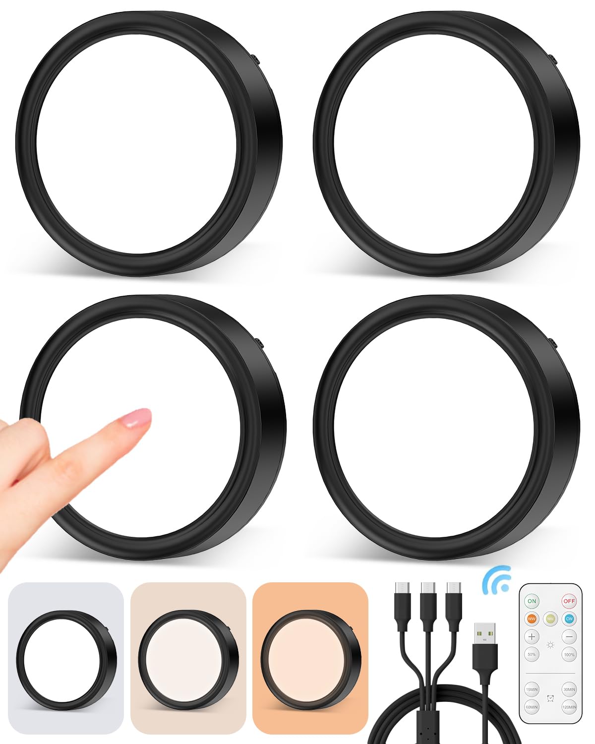 Vloee USB Rechargeable Under Cabinet Puck Lights - 4 Pack, 1600mAh, LED, Magnetic, 3000K/4500K/6000K, Model VL