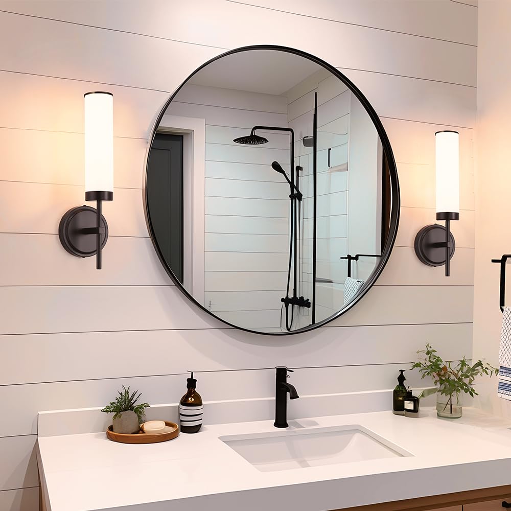 DSMJFU Matte Black Wall Sconces Set of 2, Hardwired Modern Lighting with Opal White Glass, 15.94in for Bathroom, Living Room, Hallway