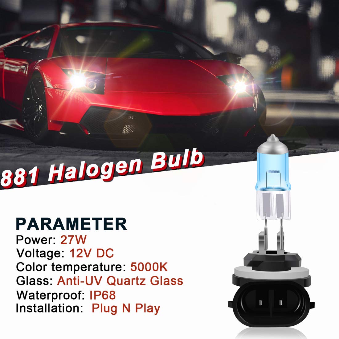 DZG 881 Halogen Bulbs 27W 5000K High Brightness Fog Light Replacement, Pack of 2, Model 881, Black