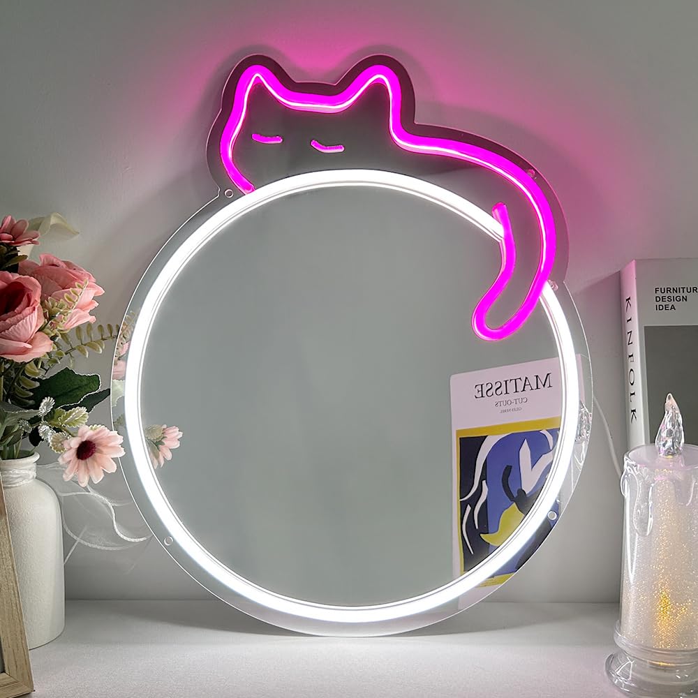 Jxin Cat Neon Signs Mirror 16.53X13.38 Usb Powered With Dimmer Led Cute Neon Light For Wall Room Decor Bedroom Living Room Party Studio Shop Birthday Gifts For Girls