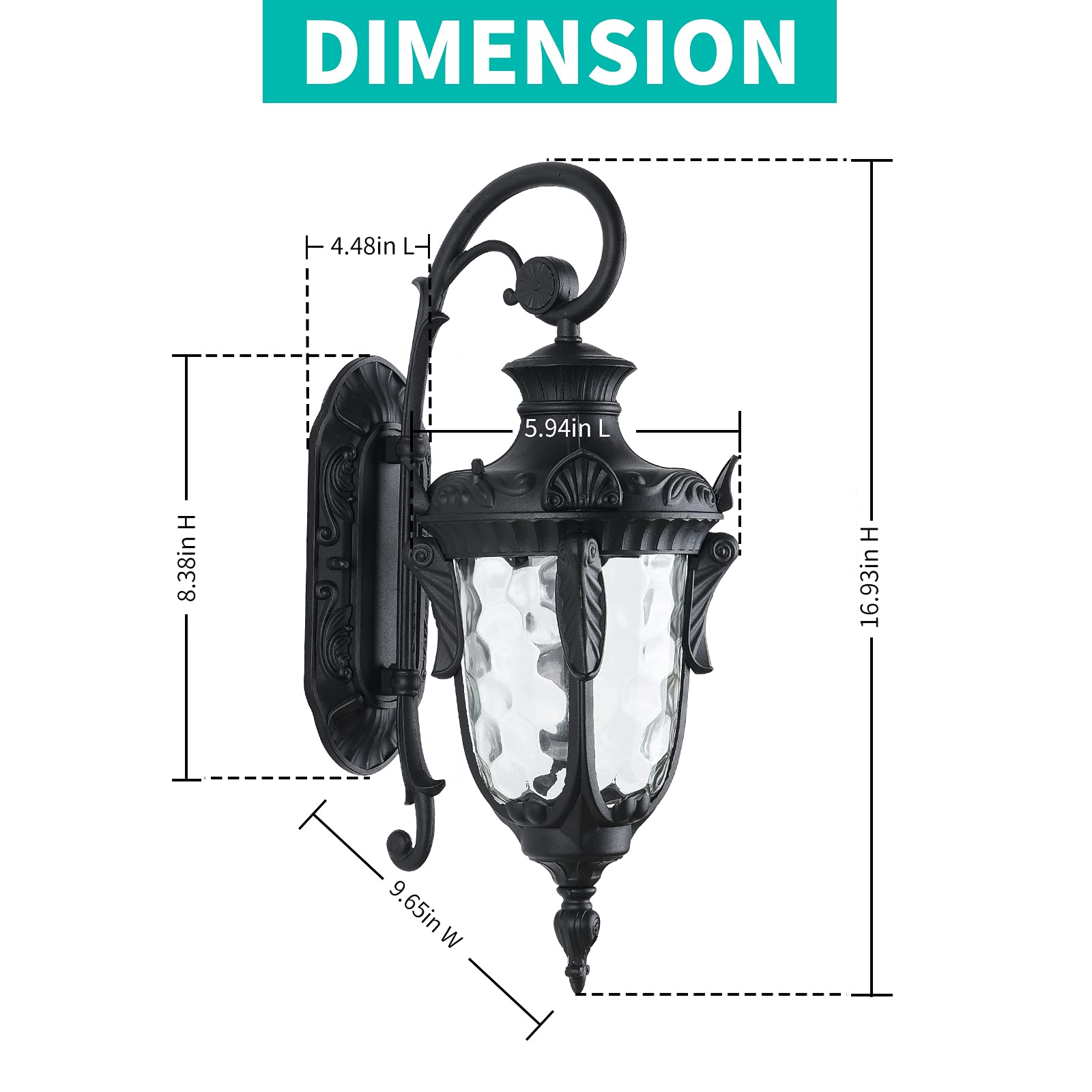 Lonedruid Outdoor Wall Light Fixture, Black Aluminum Sconce, 16.93”H Waterproof Lantern With Hammered Glass Shade For Porch