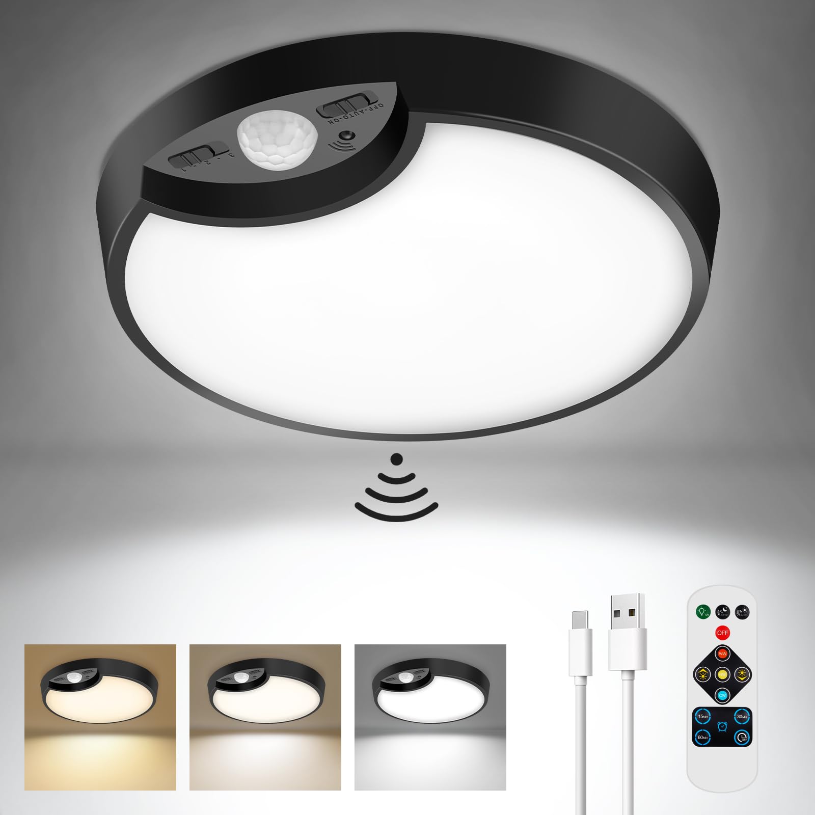 Black Battery Operated Motion Sensor Ceiling Lights, Rechargeable Battery Powered Closet Light with Remote, Shower Light for Ins