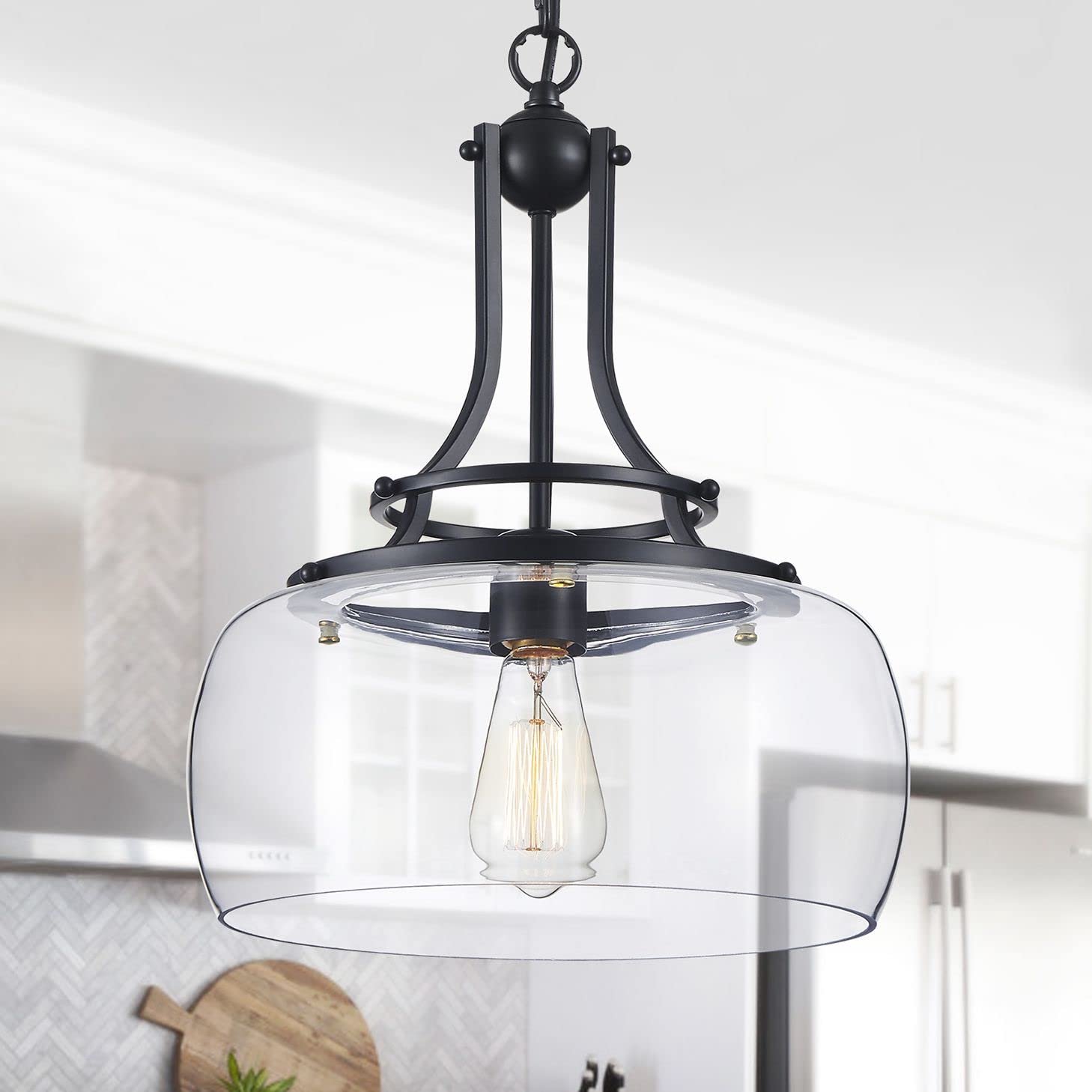 Wuzups Rustic Farmhouse Led Chandelier Pendant Light, Black Metal, 17&quot; X 13.4&quot; For Dining Room