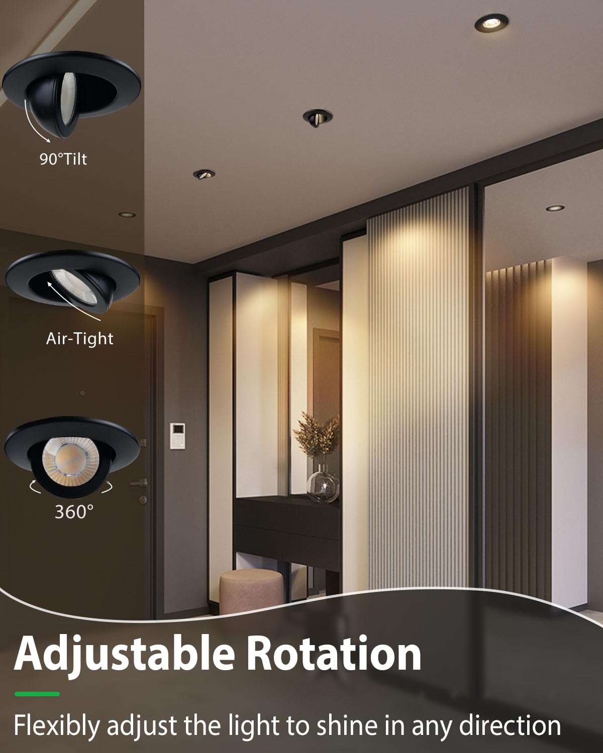Zouzai 12 Pack 3 Inch Black Adjustable Gimbal Led Recessed Light  360 Rotation & 90 Tilt For Precise Lighting  5Cct Dimmable Eyeball Light With Junction Box  Etl & Energy Star