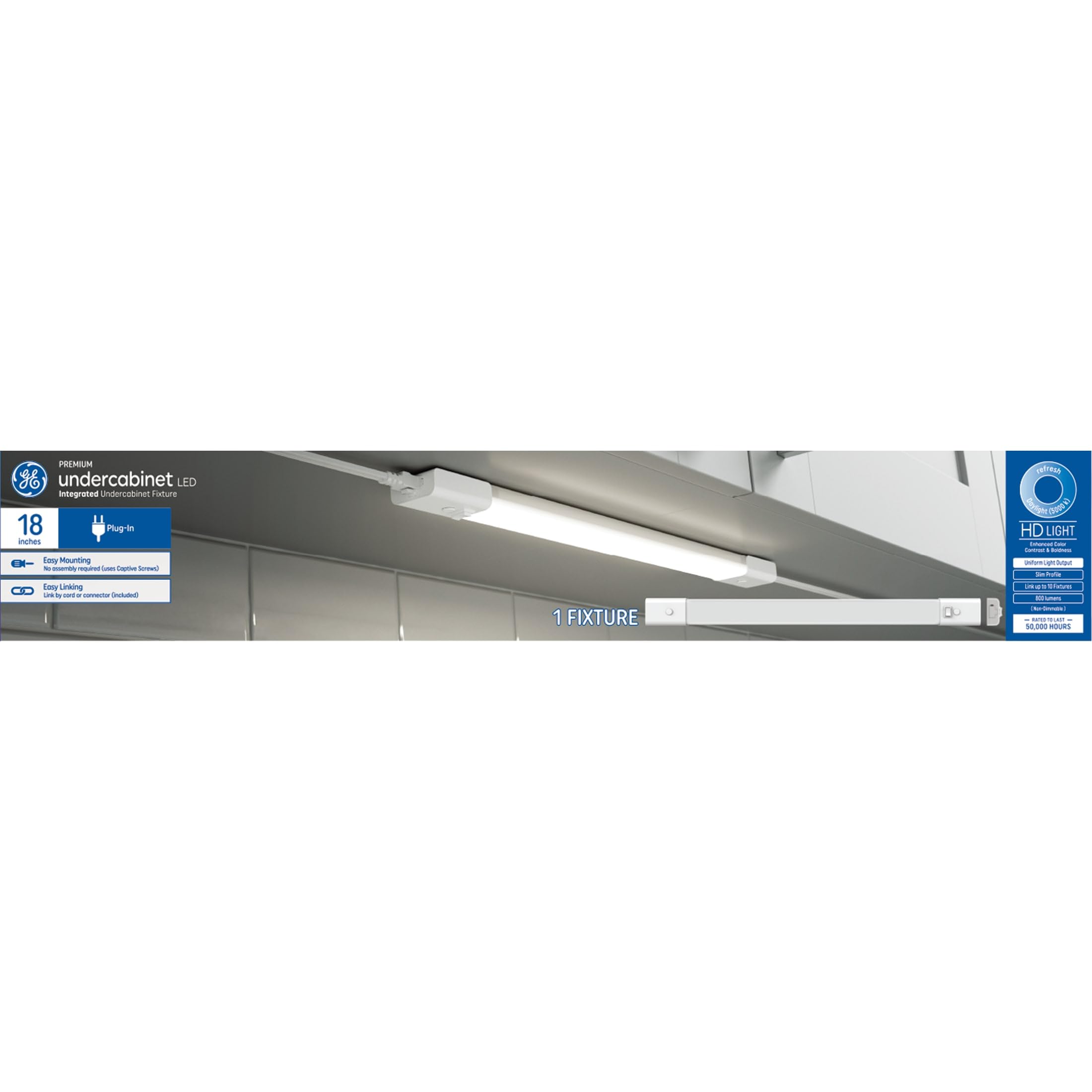 GE LED Undercabinet Light Fixture, Linkable, Daylight, 18in, Model 93129101, Plastic
