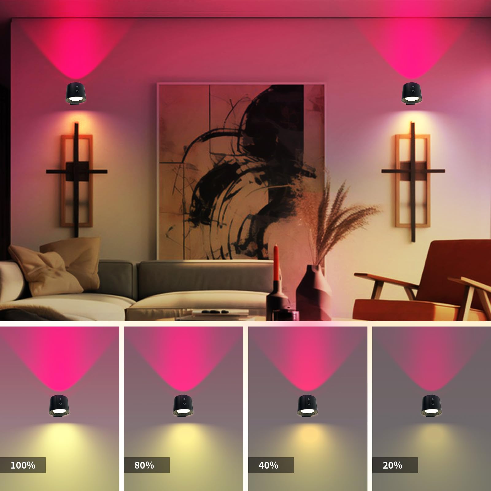 Leastyle Battery Operated Wall Sconces Rechargeable Wall Mounted Lights,Rgbw & 3 Color Temperatures Double-Sides Wall Lights,Dim