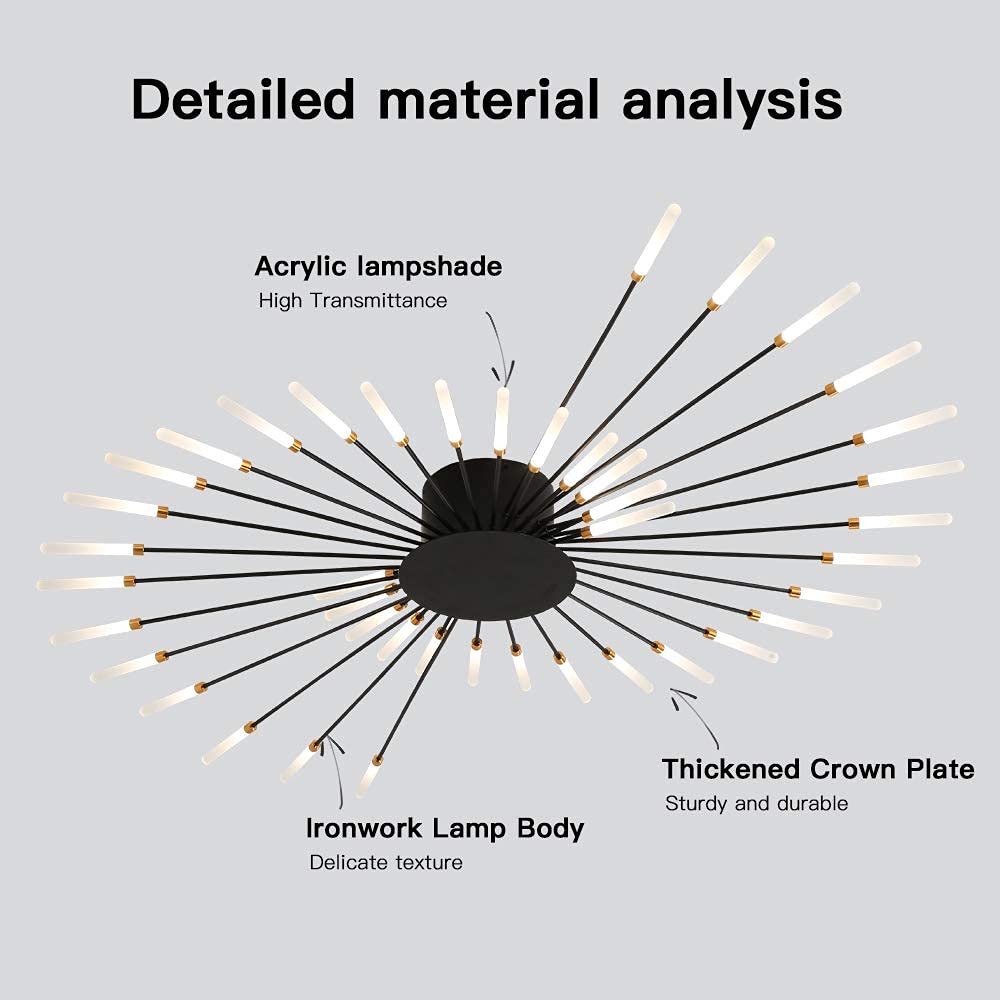 Jaymp Ceiling Light Modern Flower Shape Ceiling Lamp For Living Room Dining Room Flush Mount Metal Acrylic Sputnik Firework Petal Led Lighting Fixture (Matte Black, 42 Lights)