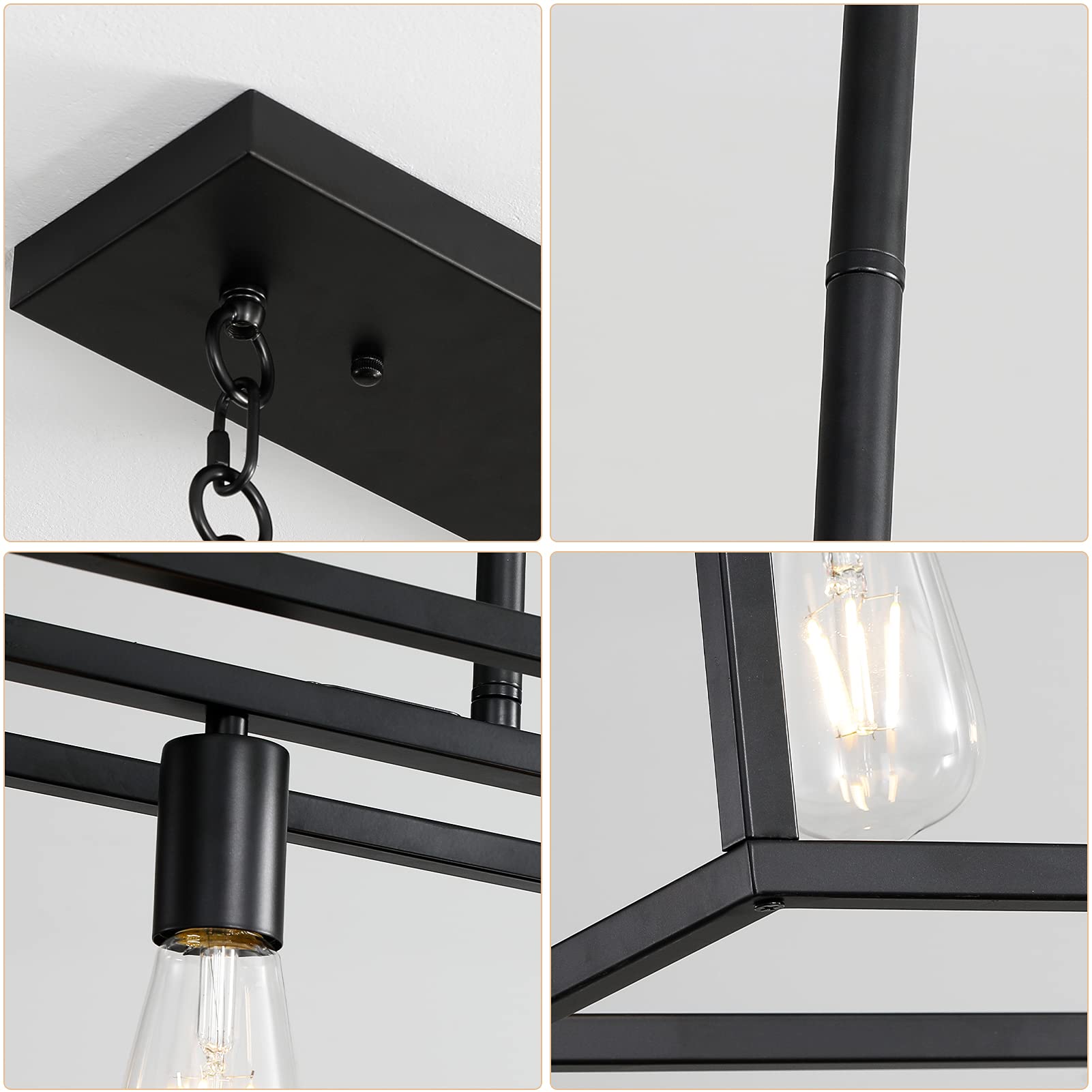 Black Farmhouse Kitchen Island Lighting, Modern Industrial Chandelier, 6-Light Linear Rectangular Pendant Light Fixtures For Farmhouse Kitchen Dining Room Bar Foyer(Metal, Height Adjustable)