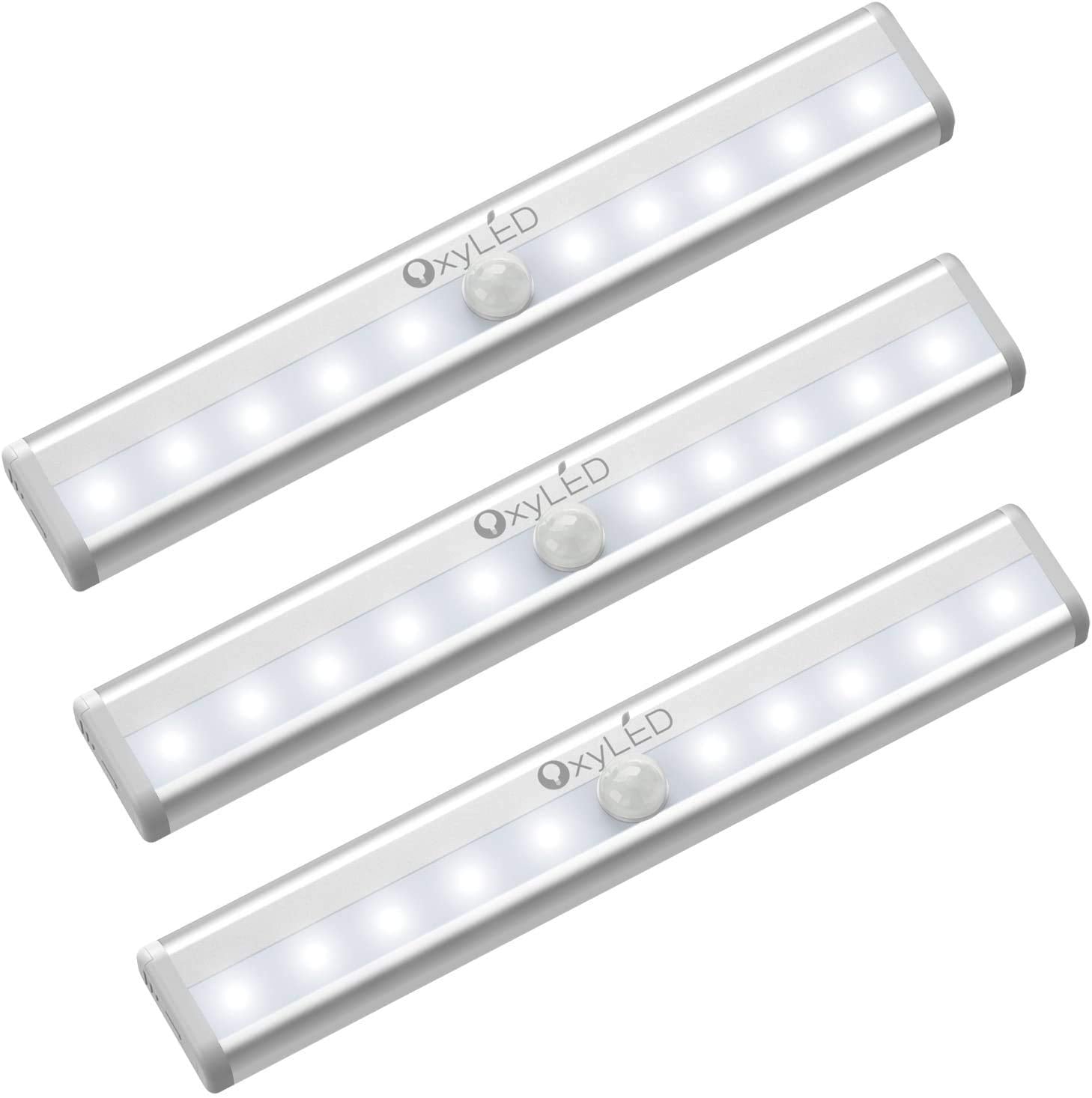 Oxyled Under Cabinet Lights 3 Pack Motion Sensor Lights Battery Operated Closet Lights 10 Led Strips Wireless Indoor For Kitchen Pantry Stair